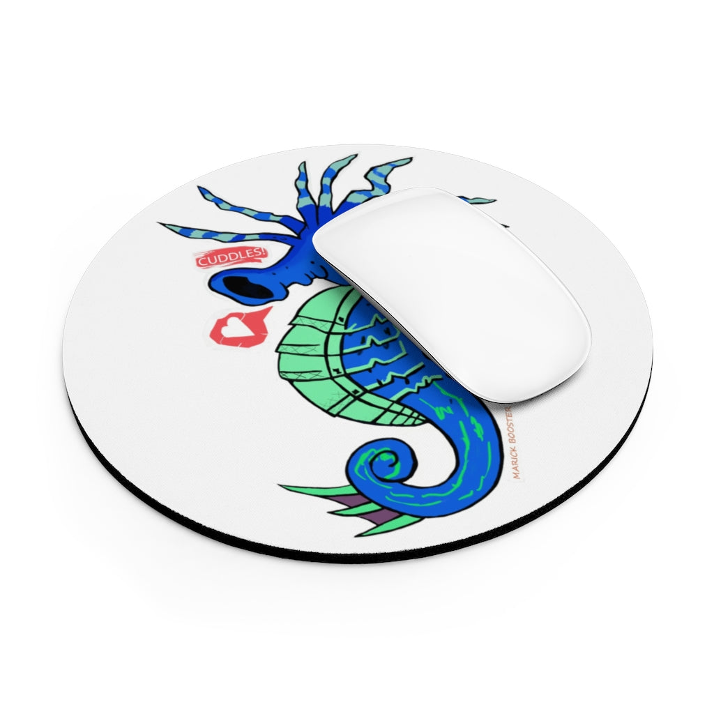 Scribblers the Seahorse Mouse Pad featuring a vibrant seahorse design on a neoprene surface with a non-slip rubber bottom.