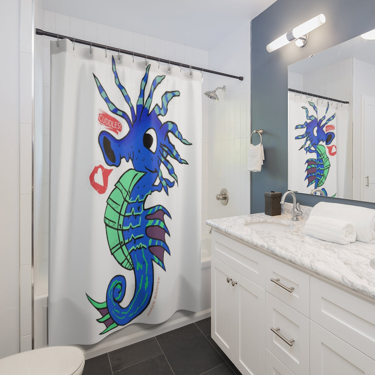 Scribblers the Seahorse Shower Curtain featuring vibrant seahorse designs on durable polyester fabric, perfect for bathroom decor.