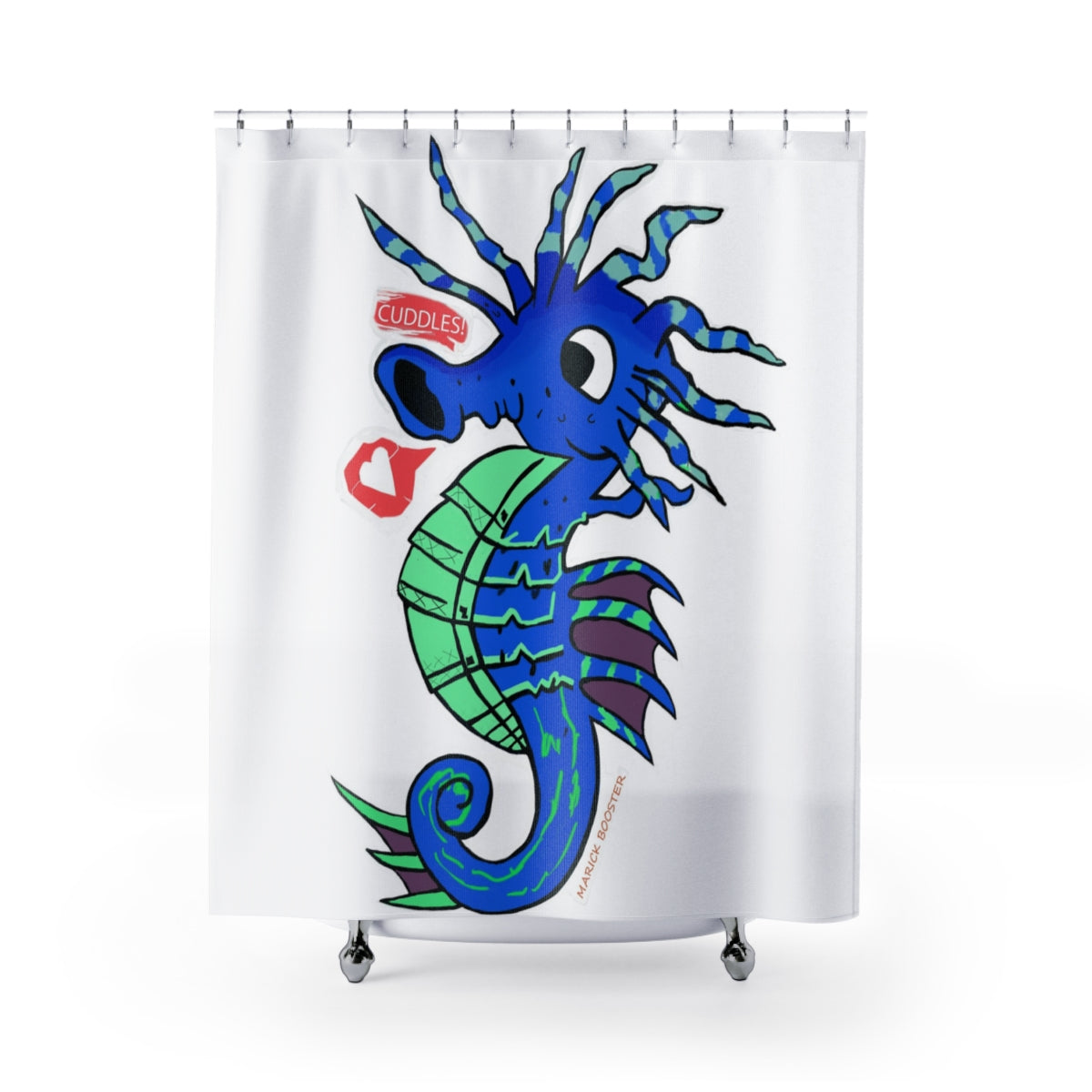 Scribblers the Seahorse Shower Curtain featuring vibrant seahorse designs on durable polyester fabric, perfect for bathroom decor.