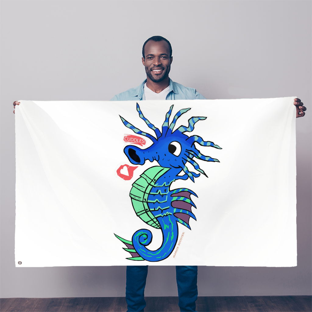 Scribblers the Seahorse Sublimation Flag featuring a vibrant seahorse design on durable polyester fabric, ideal for indoor and outdoor display.