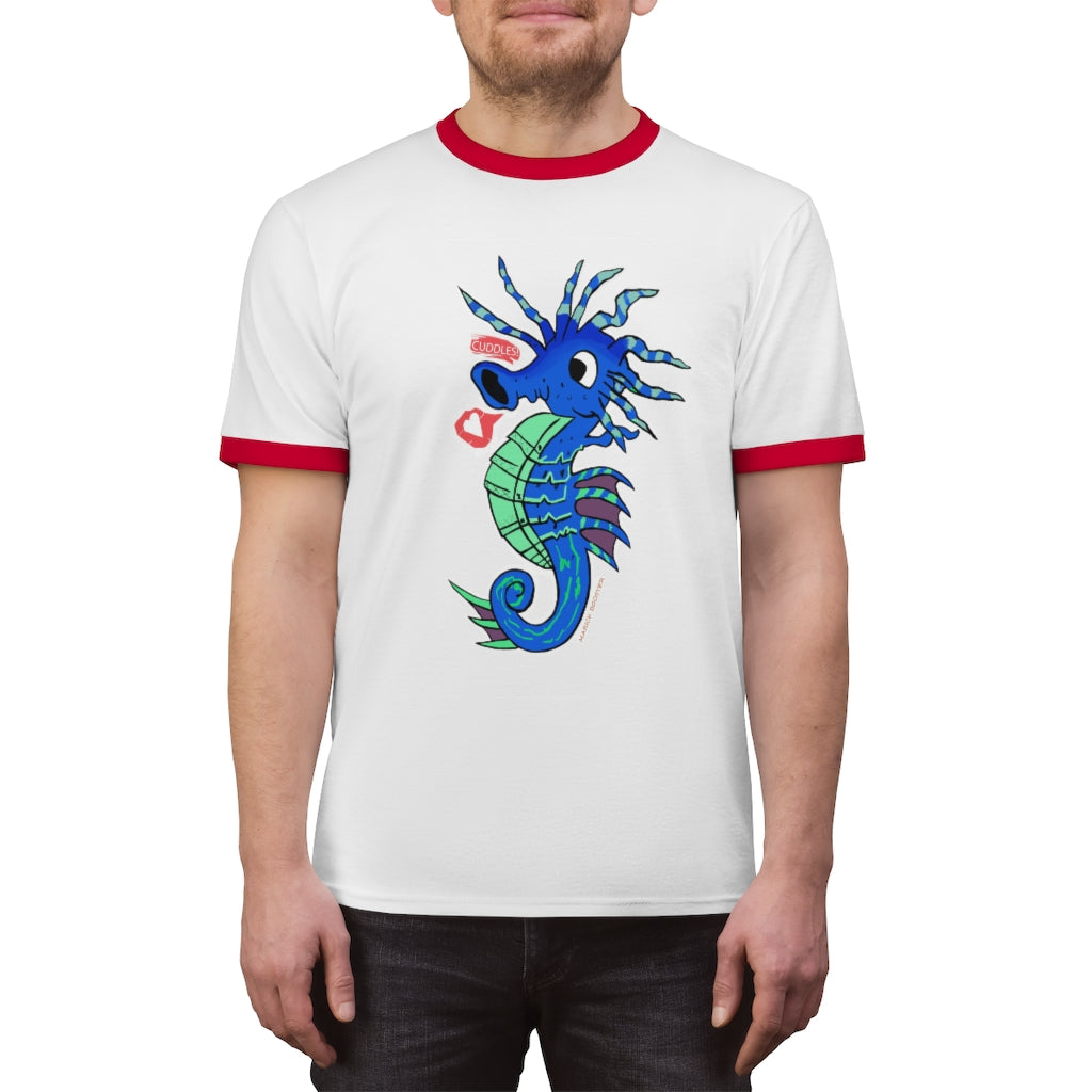 Scribblers the Seahorse Unisex Ringer Tee in various colors, showcasing its lightweight fabric and classic design.