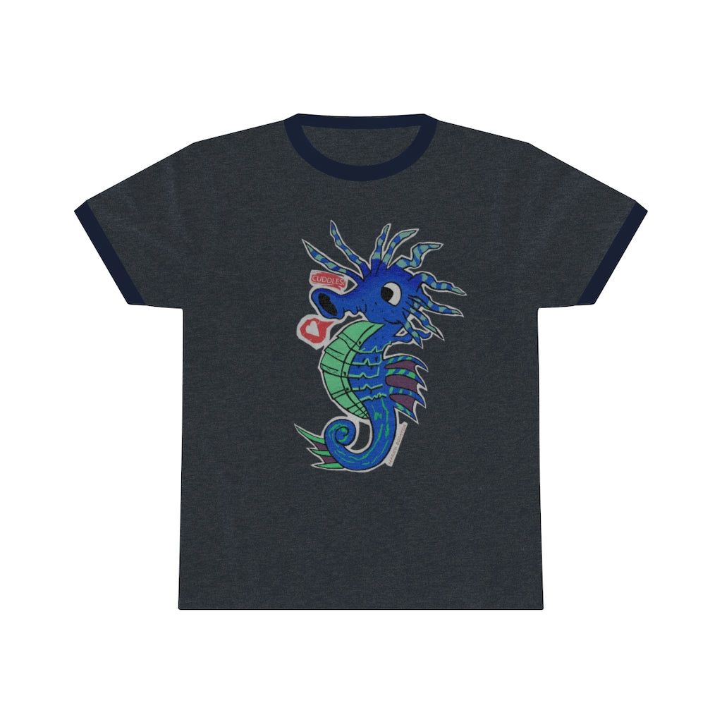 Scribblers the Seahorse Unisex Ringer Tee in various colors, showcasing its lightweight fabric and classic design.