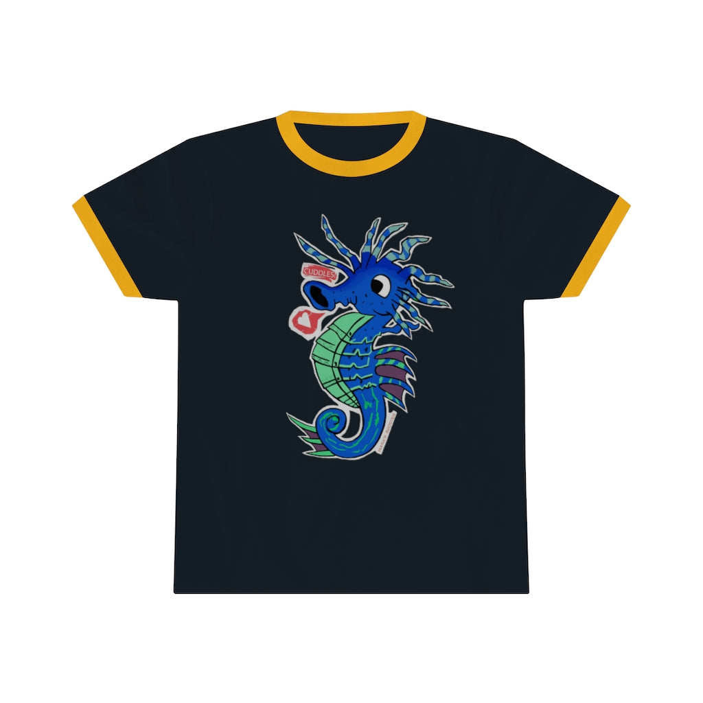 Scribblers the Seahorse Unisex Ringer Tee in various colors, showcasing its lightweight fabric and classic design.