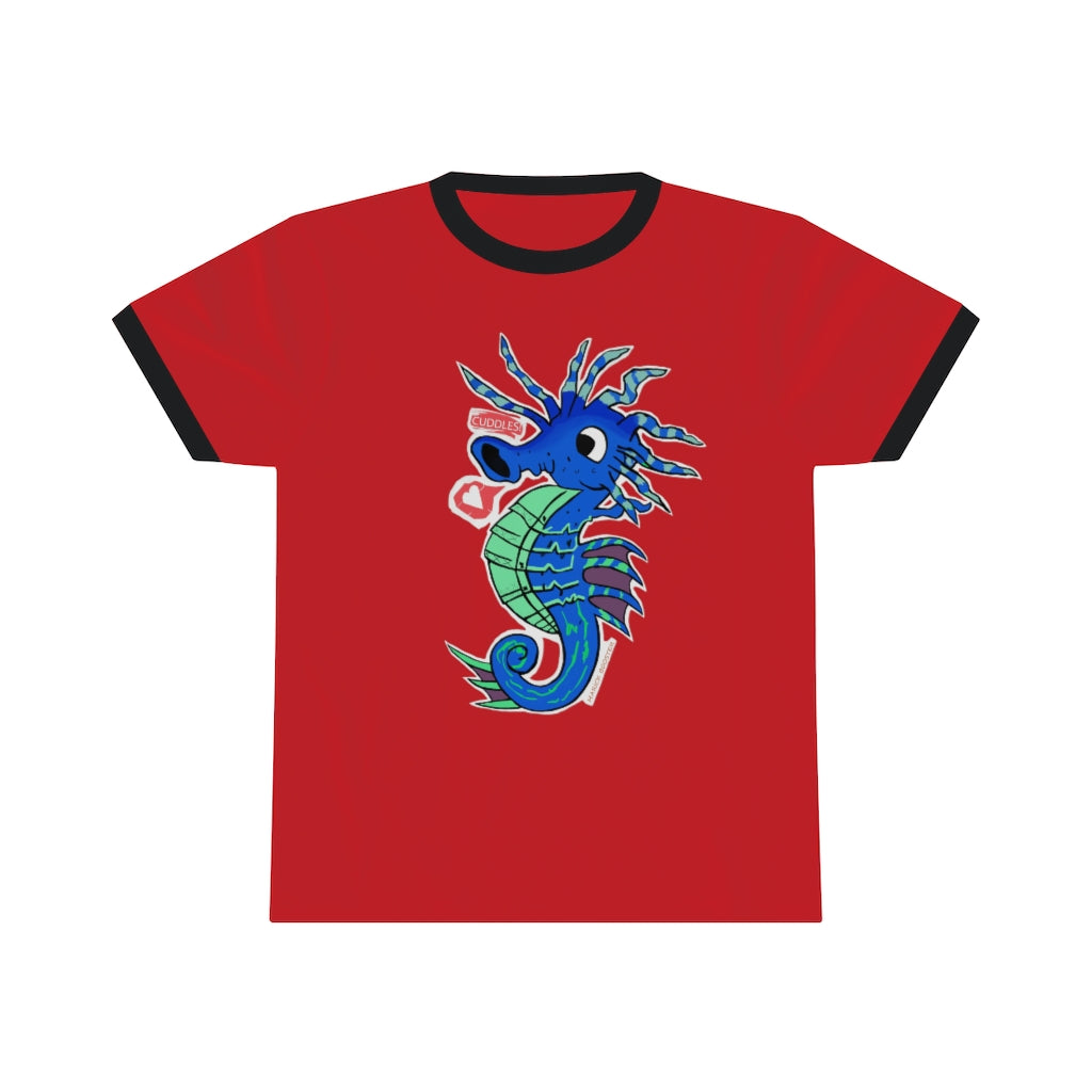 Scribblers the Seahorse Unisex Ringer Tee in various colors, showcasing its lightweight fabric and classic design.