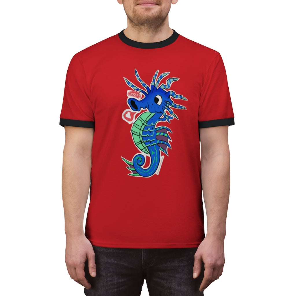 Scribblers the Seahorse Unisex Ringer Tee in various colors, showcasing its lightweight fabric and classic design.