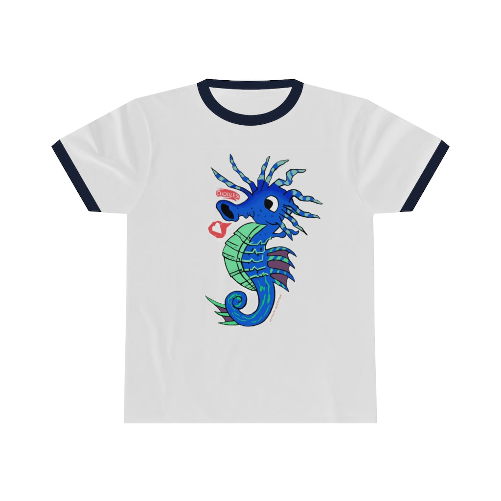 Scribblers the Seahorse Unisex Ringer Tee in various colors, showcasing its lightweight fabric and classic design.