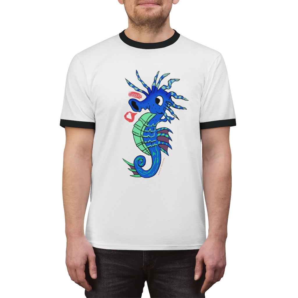 Scribblers the Seahorse Unisex Ringer Tee in various colors, showcasing its lightweight fabric and classic design.