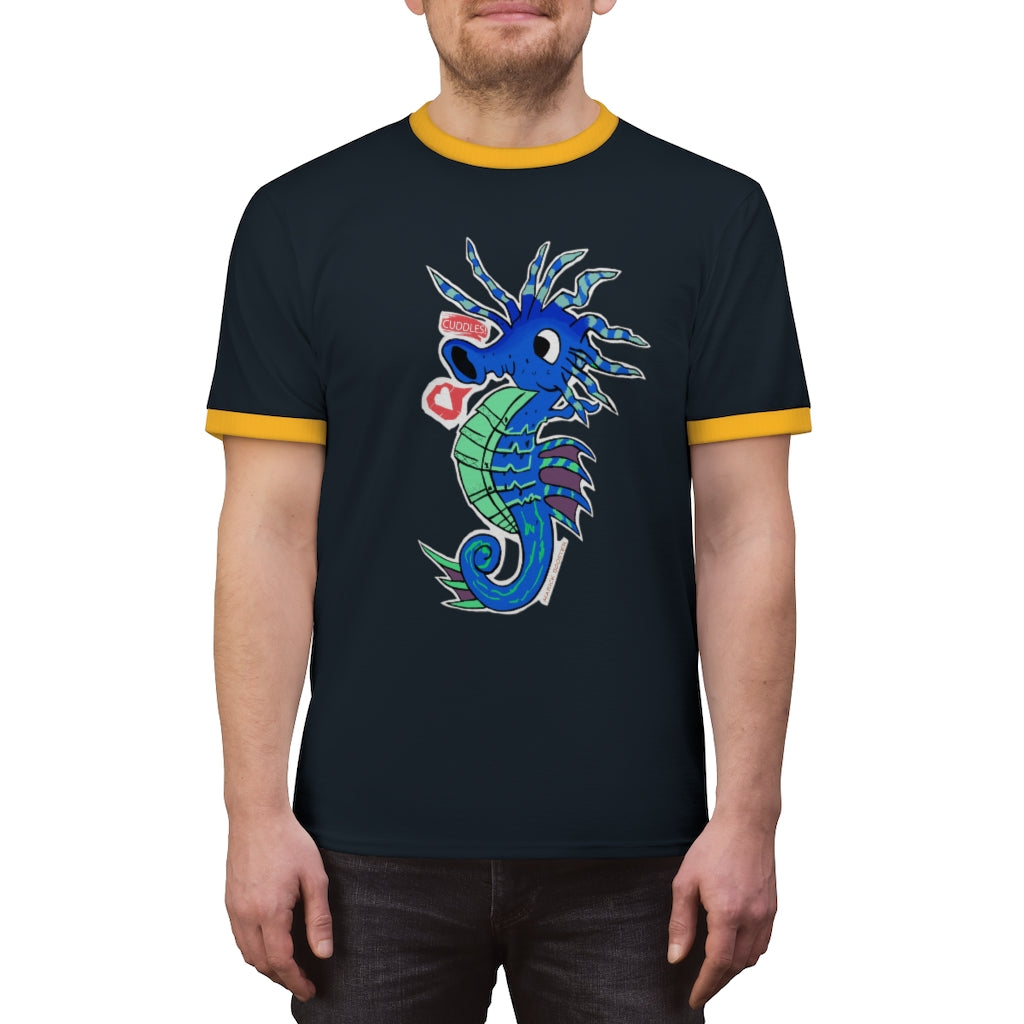 Scribblers the Seahorse Unisex Ringer Tee in various colors, showcasing its lightweight fabric and classic design.