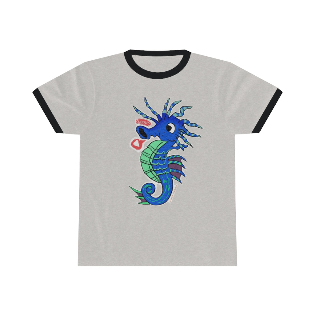 Scribblers the Seahorse Unisex Ringer Tee in various colors, showcasing its lightweight fabric and classic design.