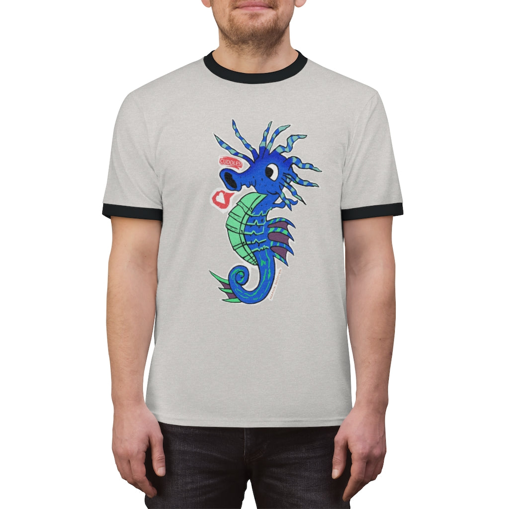 Scribblers the Seahorse Unisex Ringer Tee in various colors, showcasing its lightweight fabric and classic design.