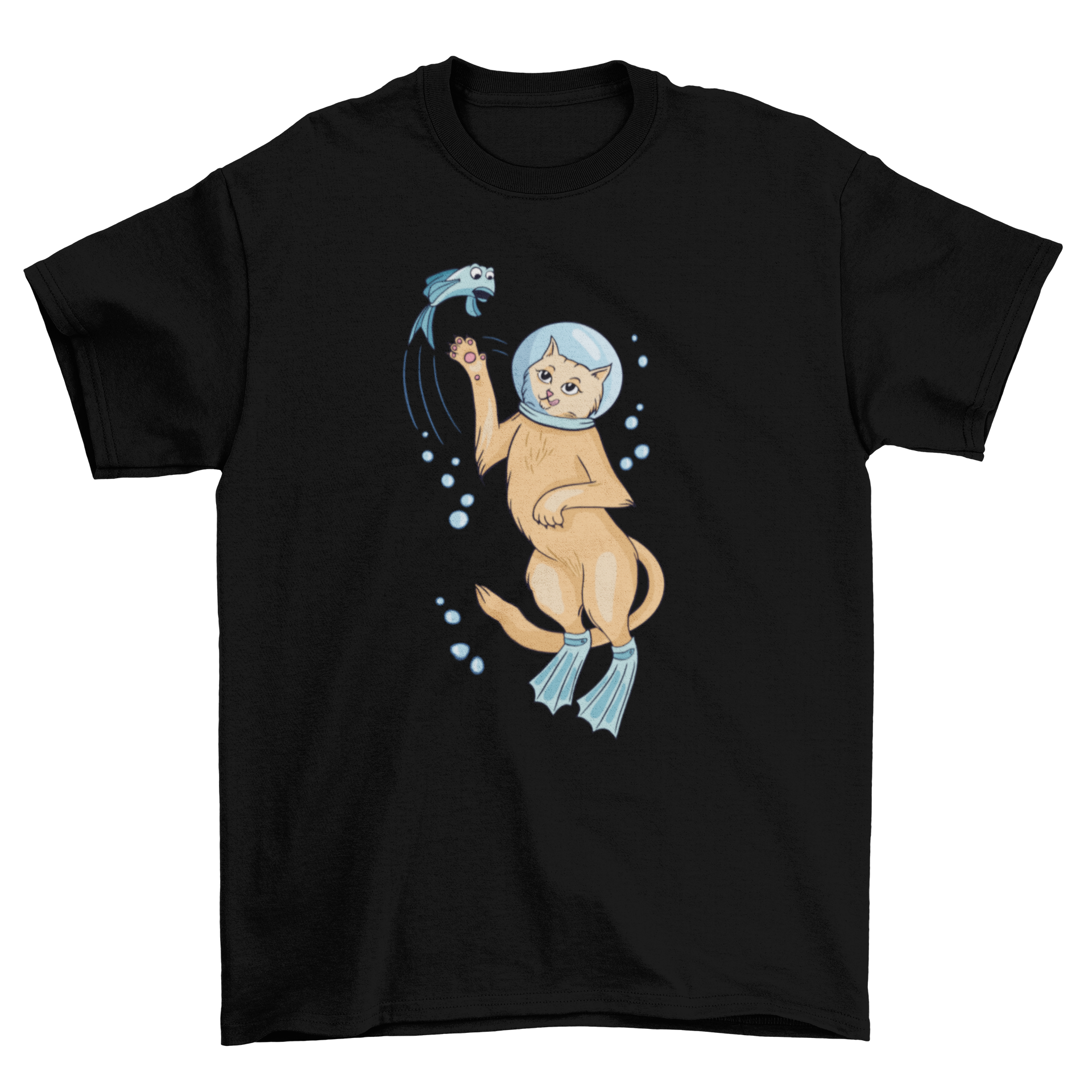 A playful T-shirt featuring a cat scuba diving and chasing a fish, showcasing a fun and whimsical design.