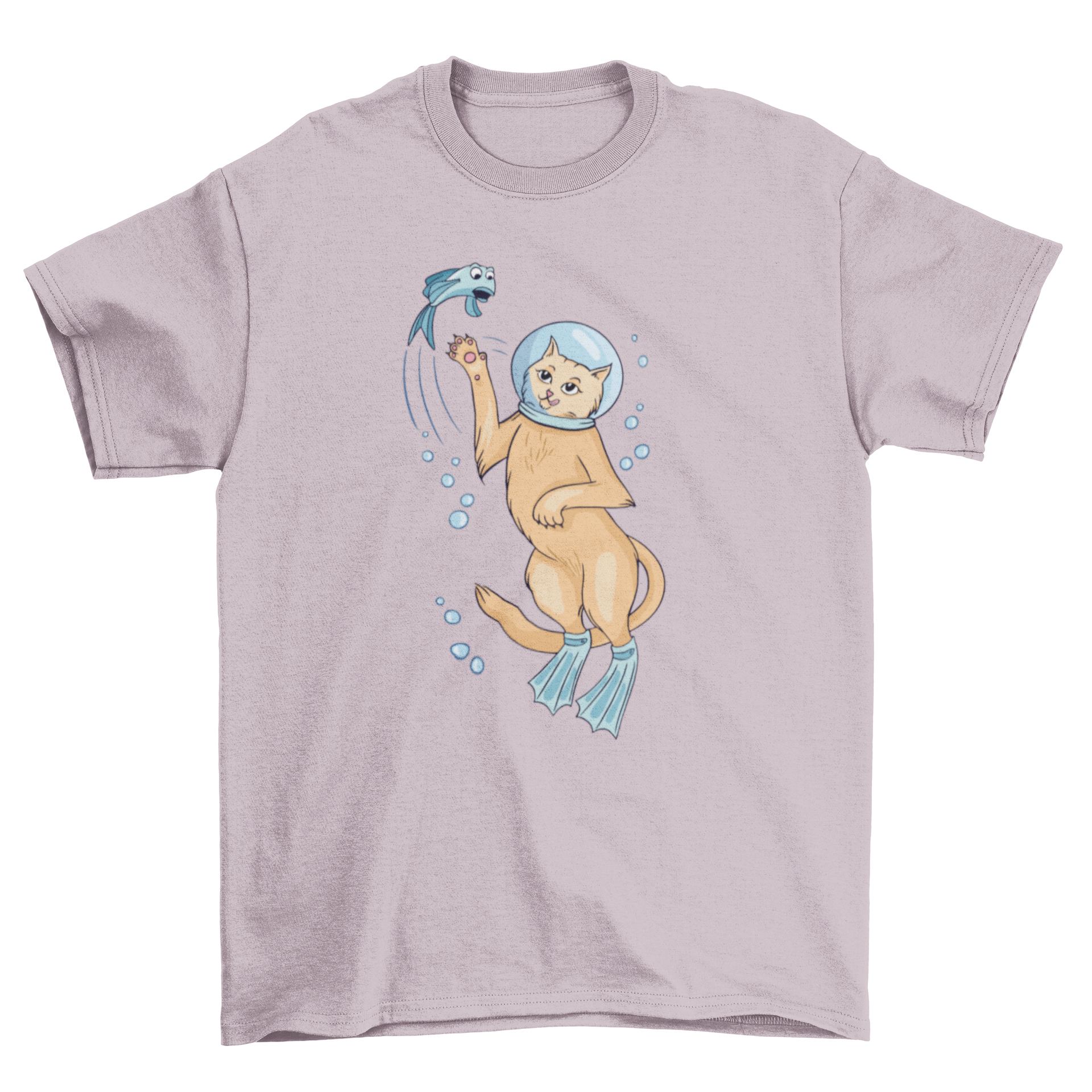 A playful T-shirt featuring a cat scuba diving and chasing a fish, showcasing a fun and whimsical design.