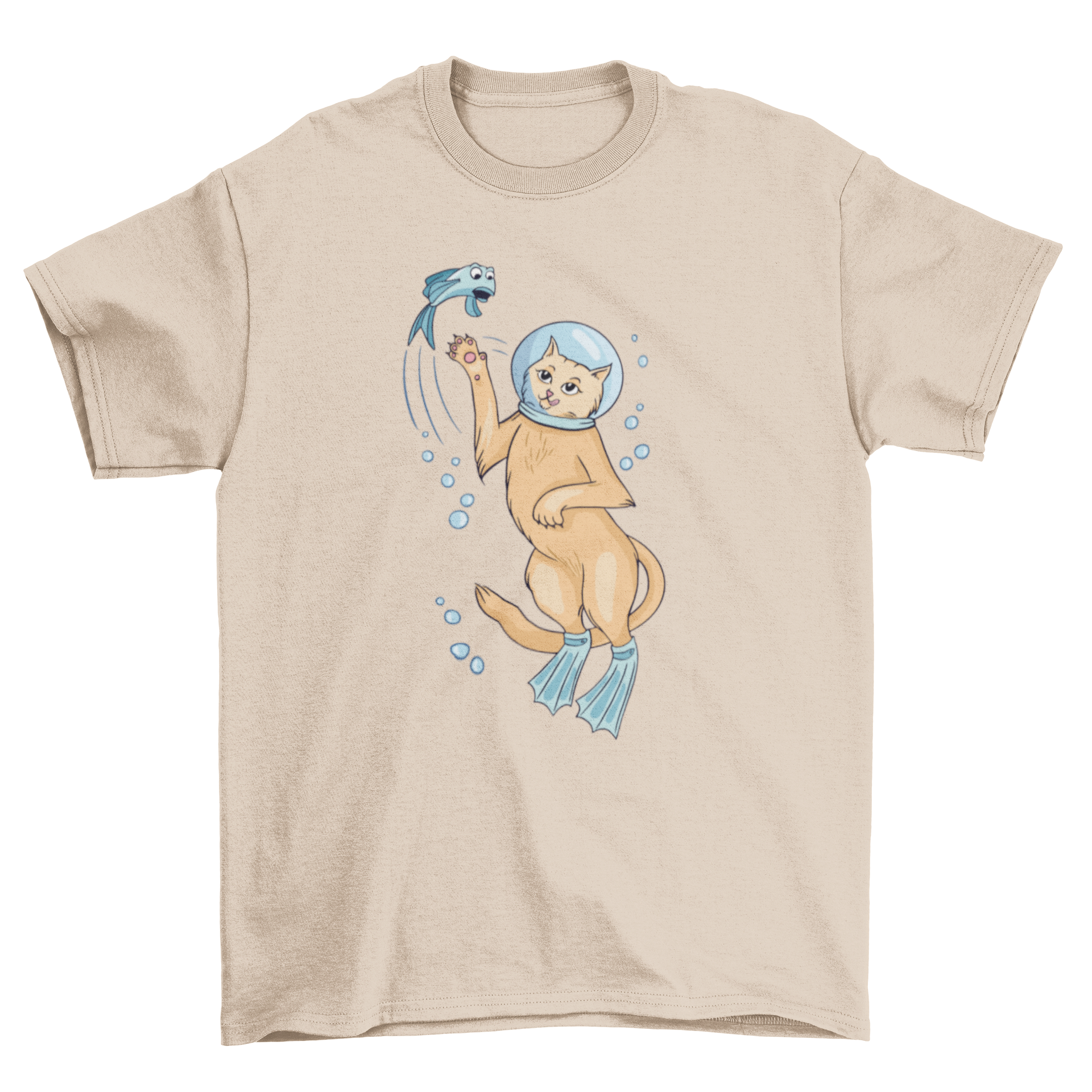 A playful T-shirt featuring a cat scuba diving and chasing a fish, showcasing a fun and whimsical design.