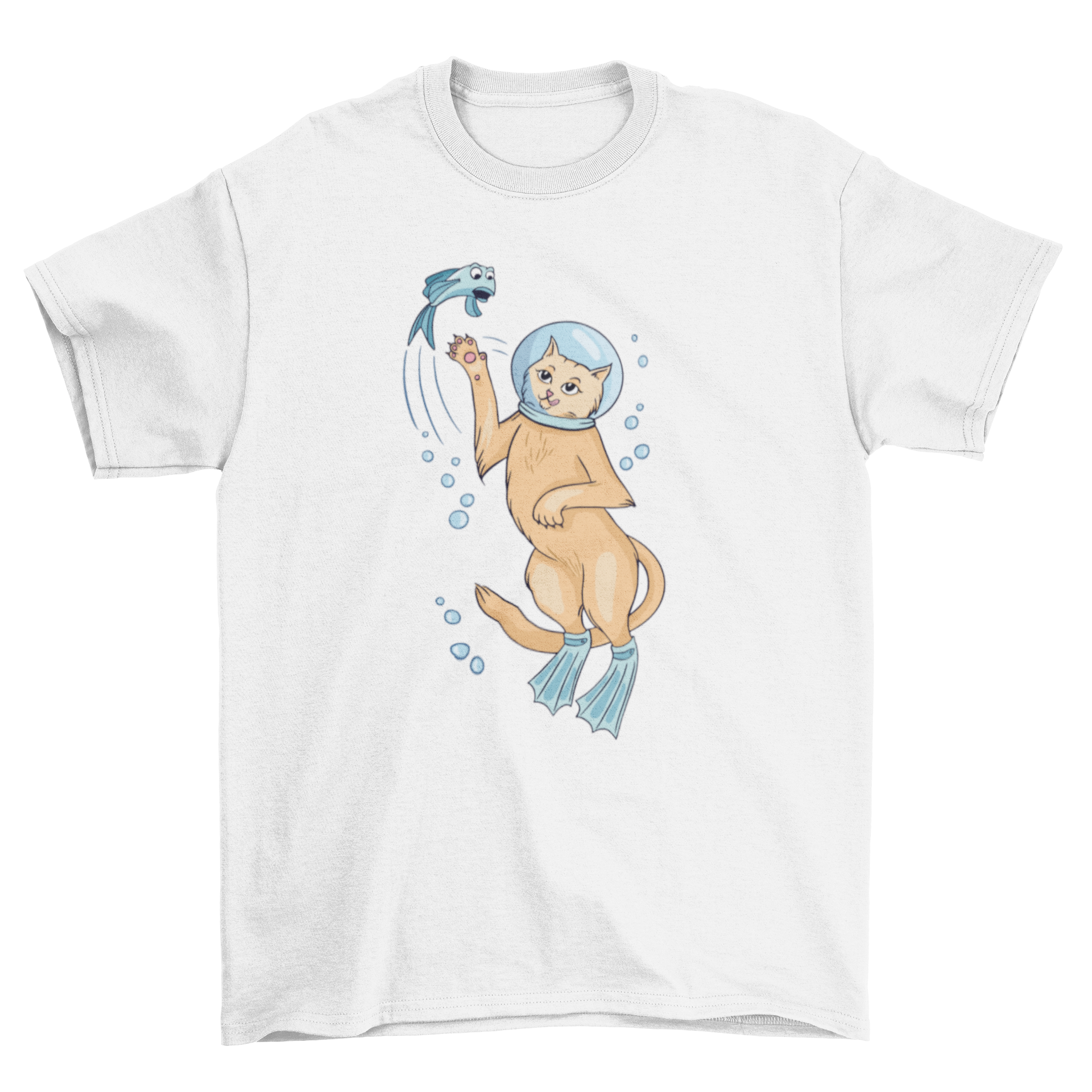 A playful T-shirt featuring a cat scuba diving and chasing a fish, showcasing a fun and whimsical design.