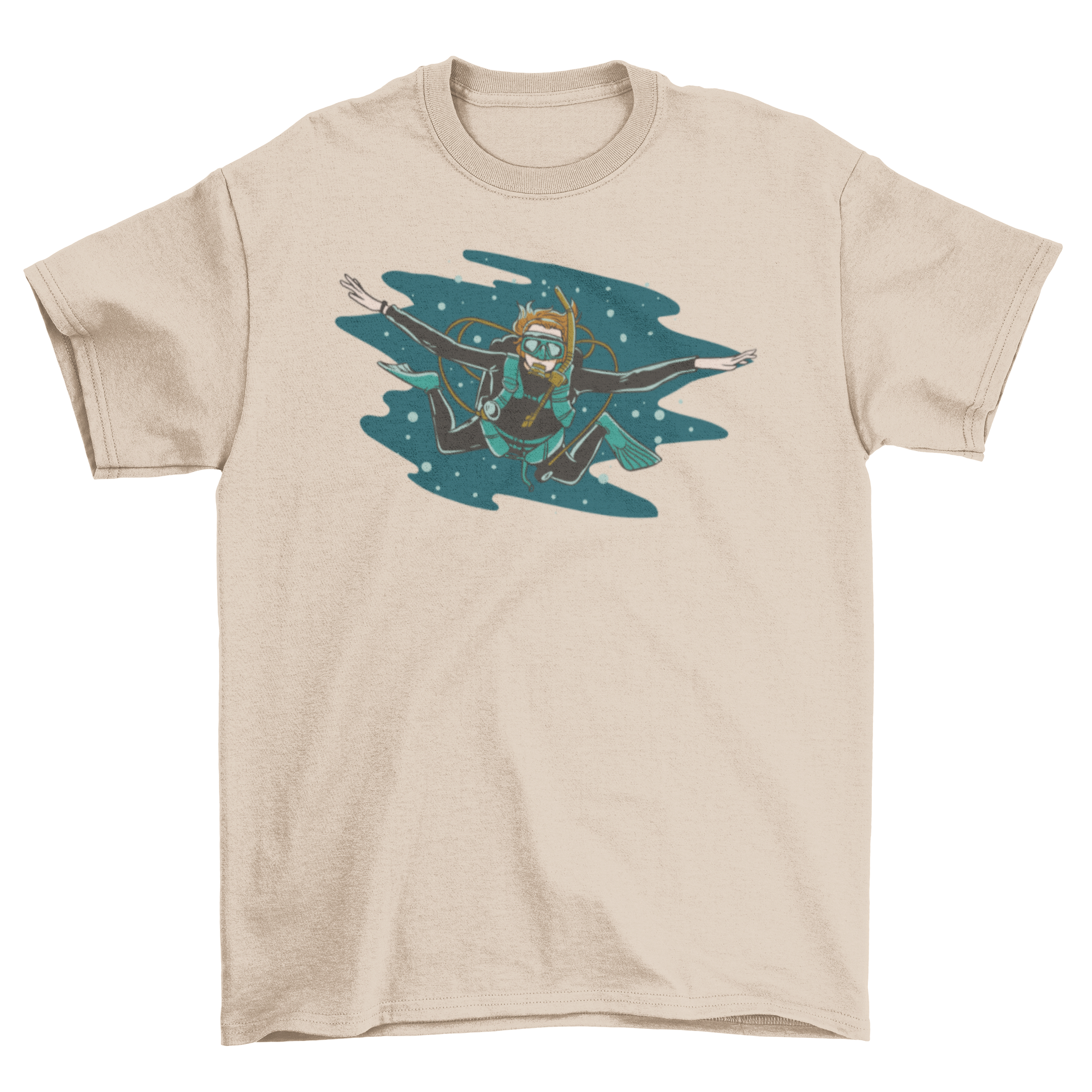 A stylish t-shirt featuring a vibrant scuba diver design, perfect for ocean enthusiasts.