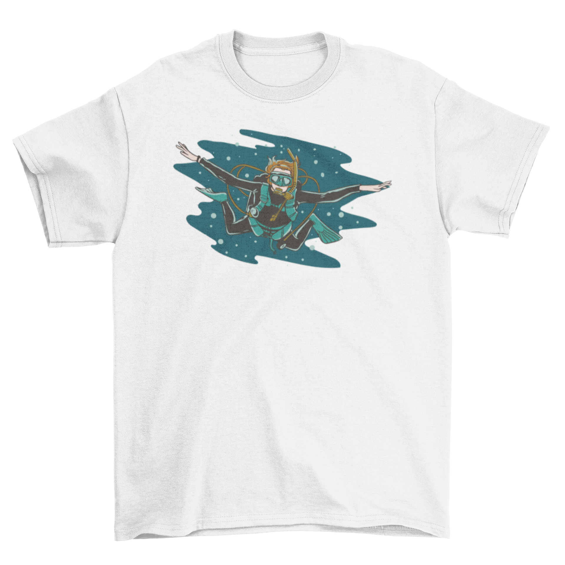 A stylish t-shirt featuring a vibrant scuba diver design, perfect for ocean enthusiasts.