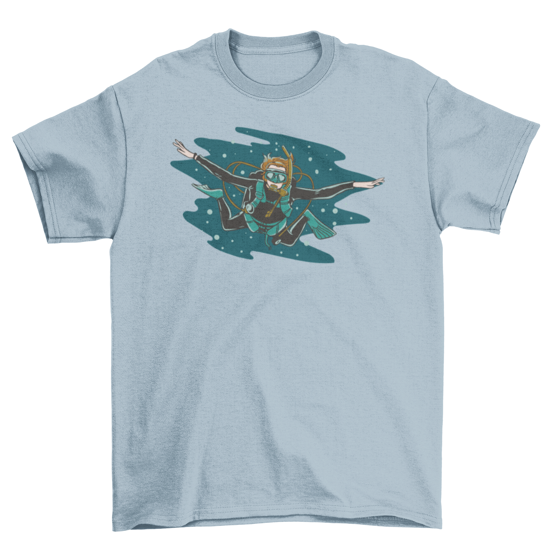 A stylish t-shirt featuring a vibrant scuba diver design, perfect for ocean enthusiasts.