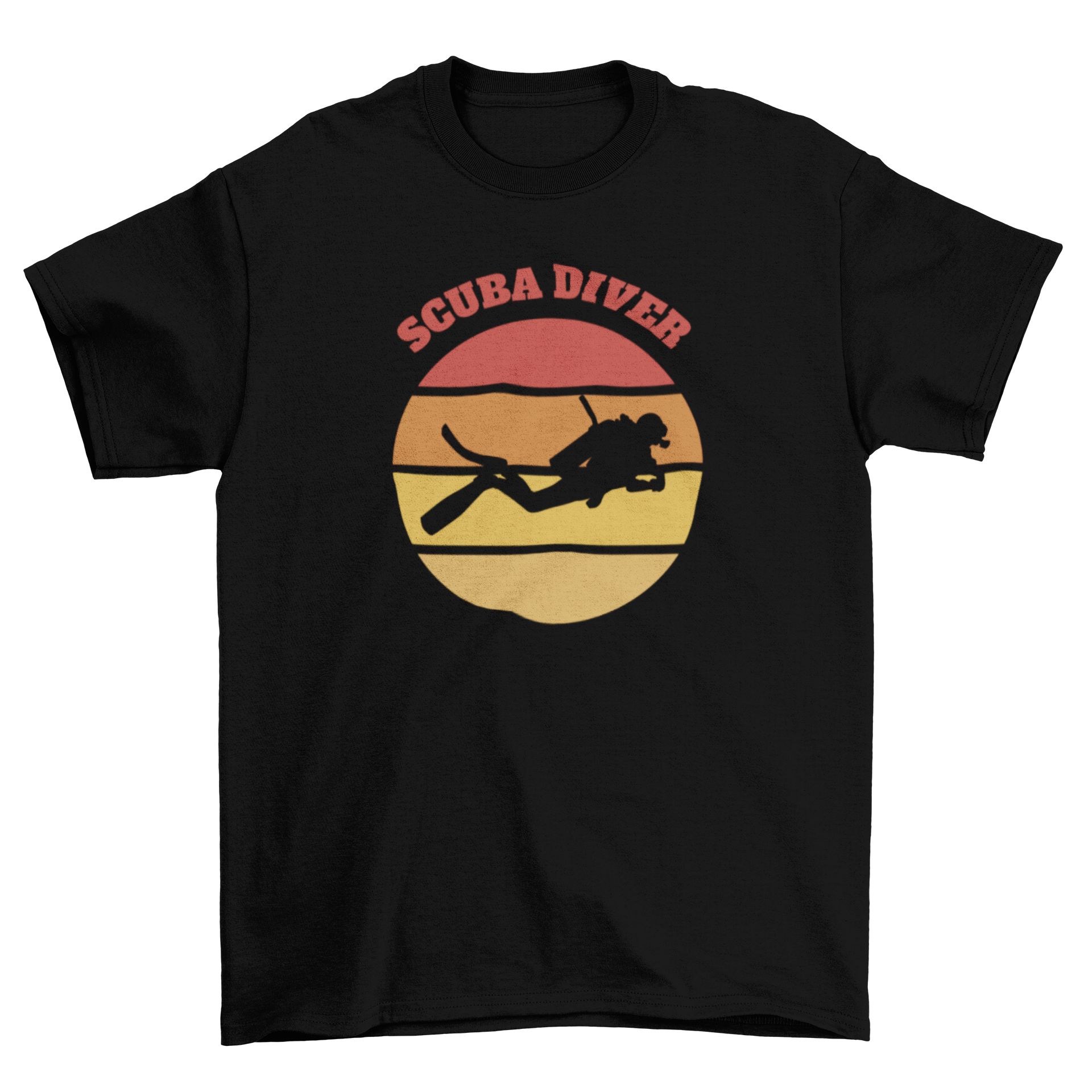 A stylish t-shirt featuring a silhouette of a scuba diver against a vibrant retro sunset background, with the quote 'Scuba Diver'.