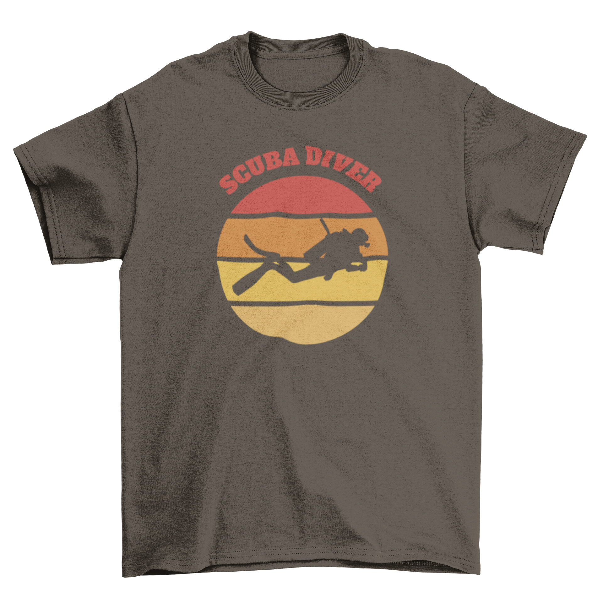 A stylish t-shirt featuring a silhouette of a scuba diver against a vibrant retro sunset background, with the quote 'Scuba Diver'.