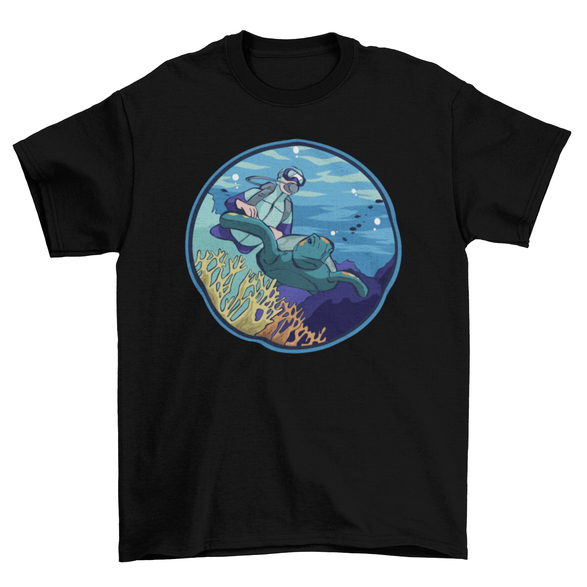 Scuba Diver T-Shirt featuring a vibrant underwater scene with a scuba diver, coral, and sea turtles.