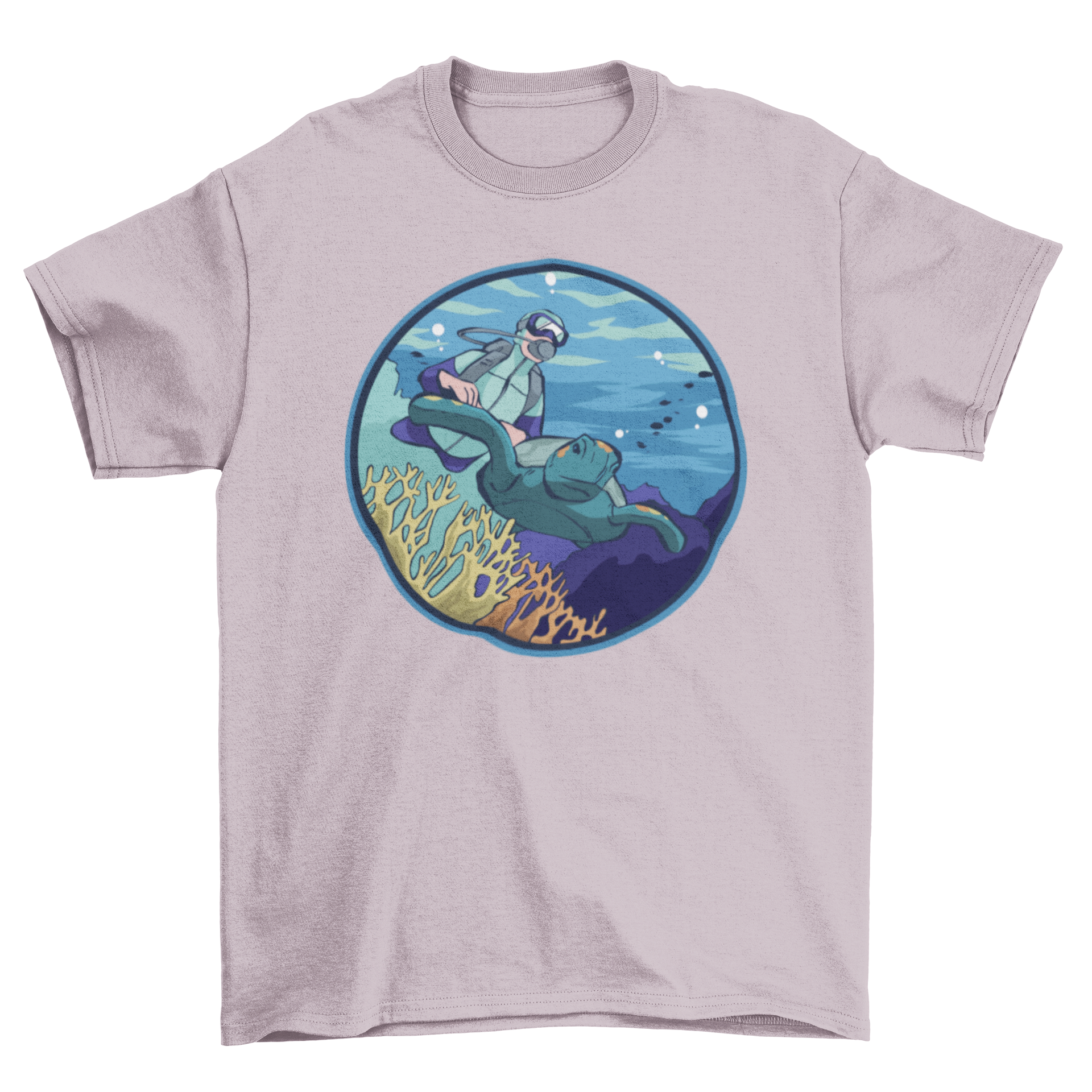 Scuba Diver T-Shirt featuring a vibrant underwater scene with a scuba diver, coral, and sea turtles.