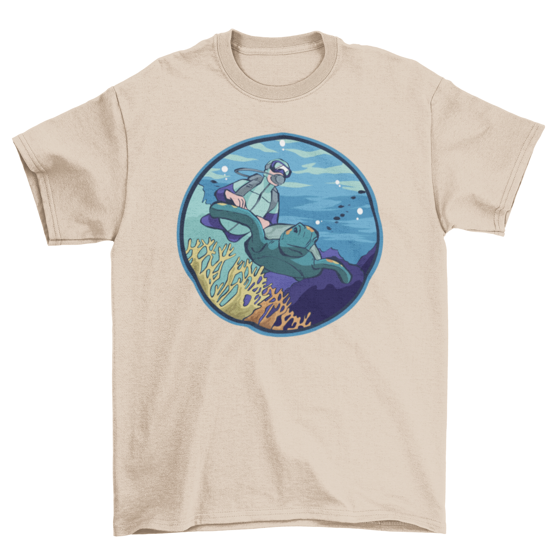 Scuba Diver T-Shirt featuring a vibrant underwater scene with a scuba diver, coral, and sea turtles.