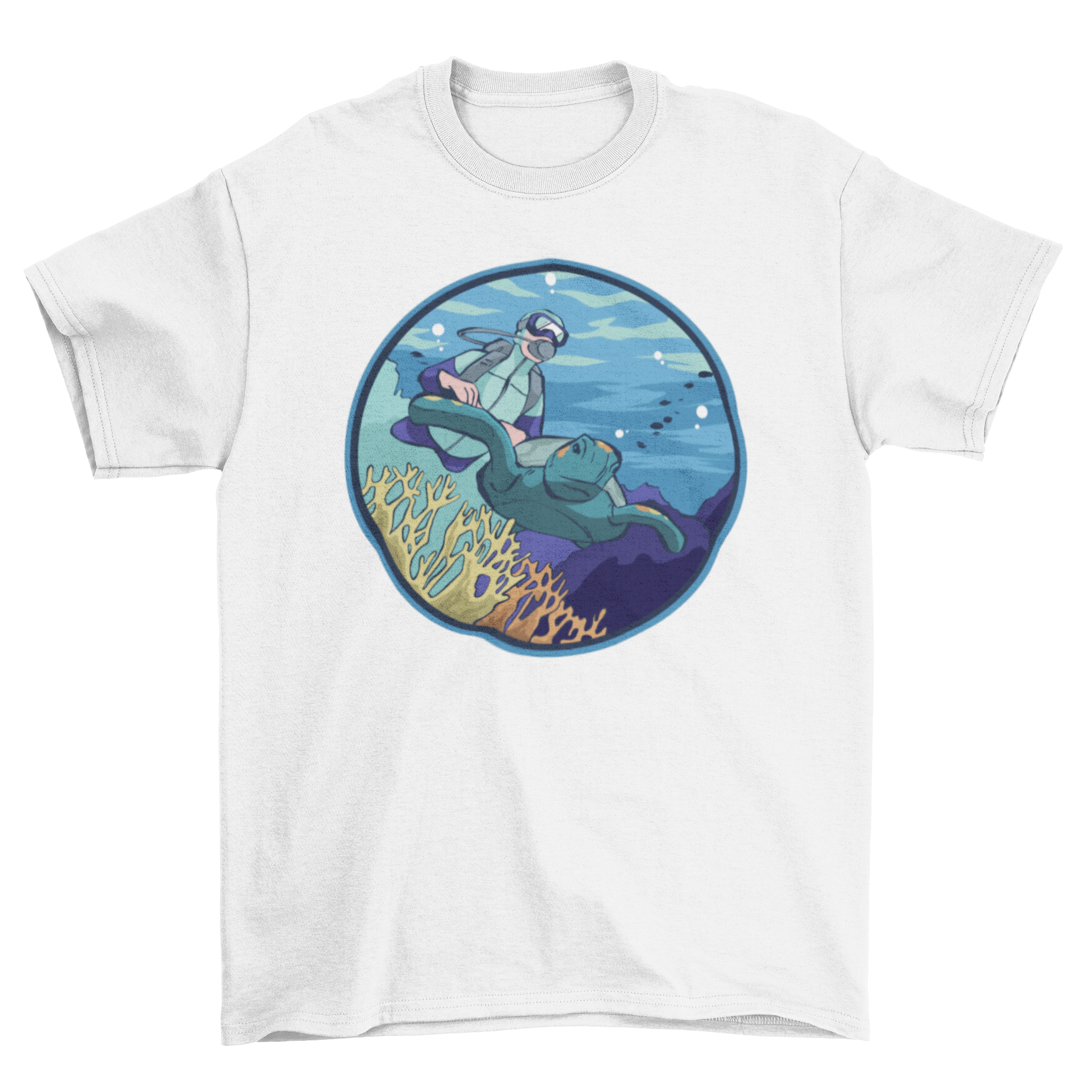 Scuba Diver T-Shirt featuring a vibrant underwater scene with a scuba diver, coral, and sea turtles.