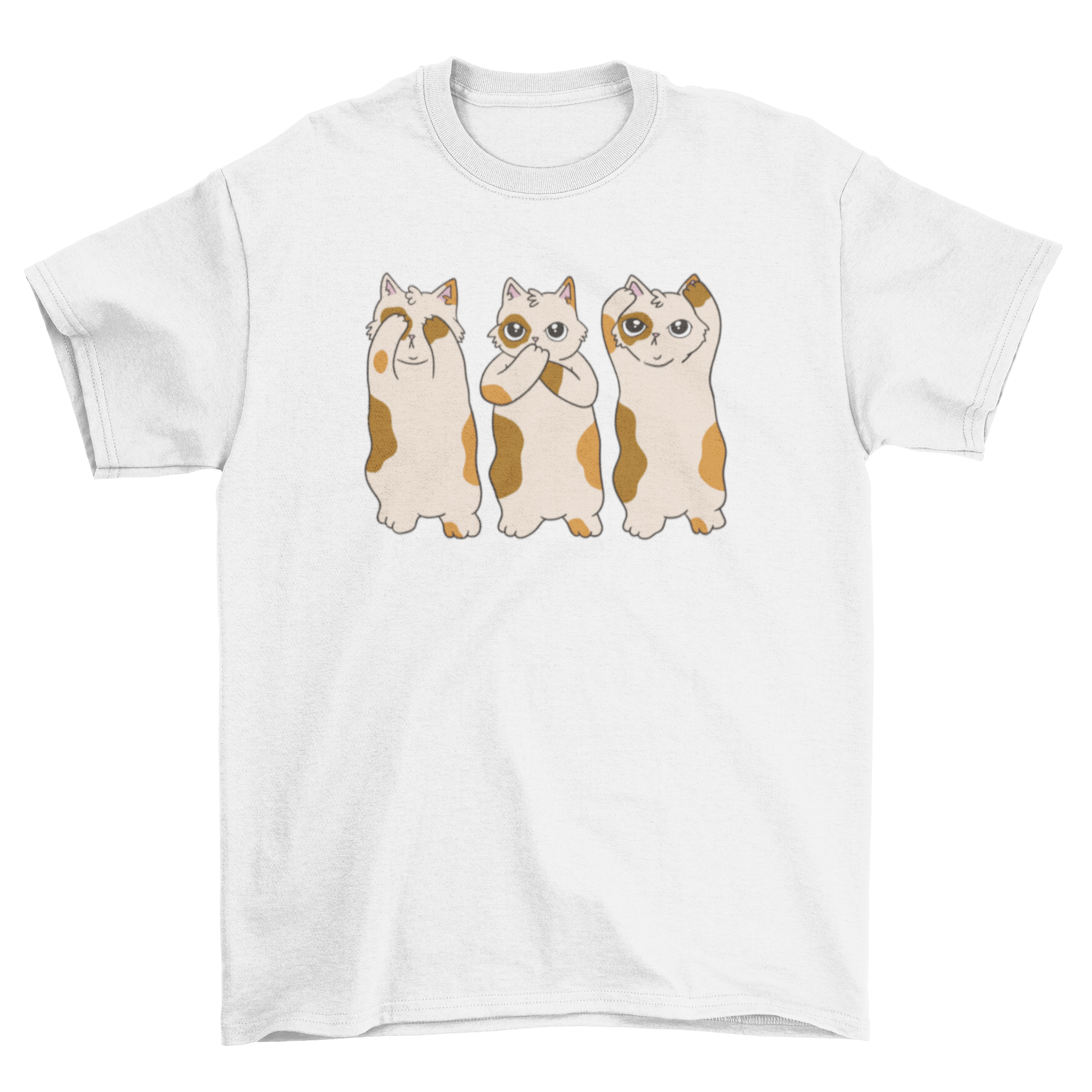 A stylish See No Evil Cat T-Shirt featuring a playful cat design representing the classic phrase 'see no evil, hear no evil, speak no evil'.