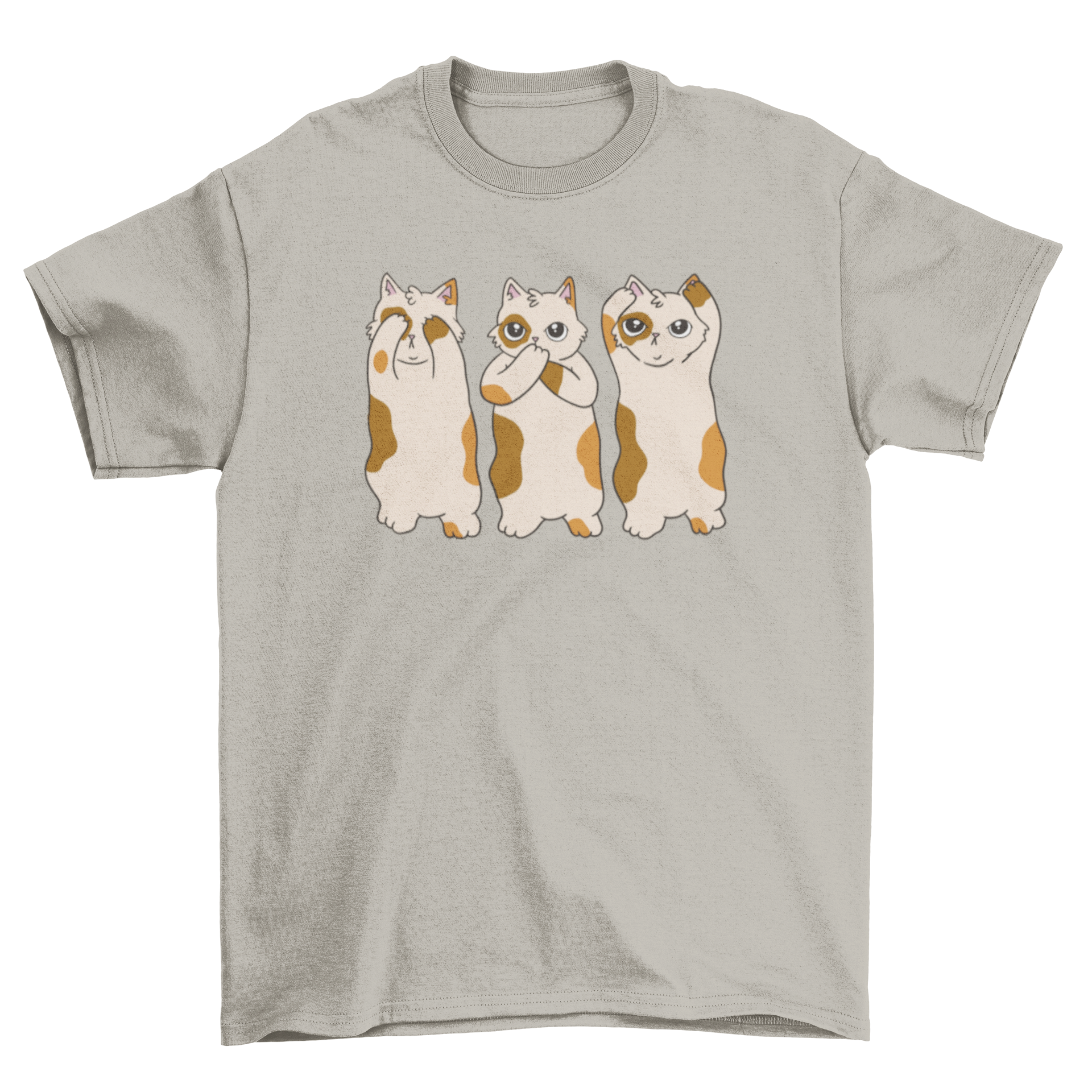 A stylish See No Evil Cat T-Shirt featuring a playful cat design representing the classic phrase 'see no evil, hear no evil, speak no evil'.