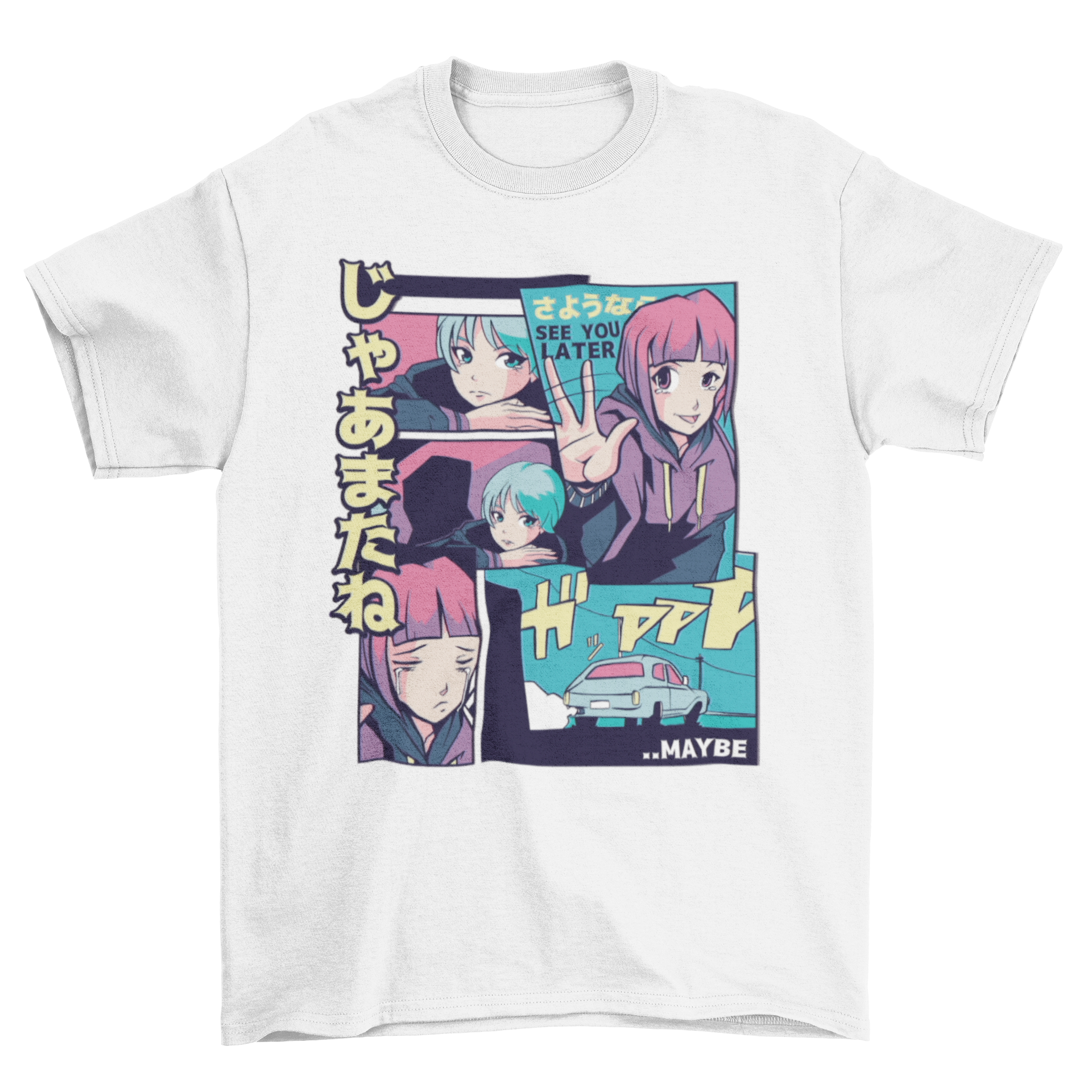 See You Anime T-shirt featuring two girls in vaporwave style with manga panels and the quote 'See you later'.