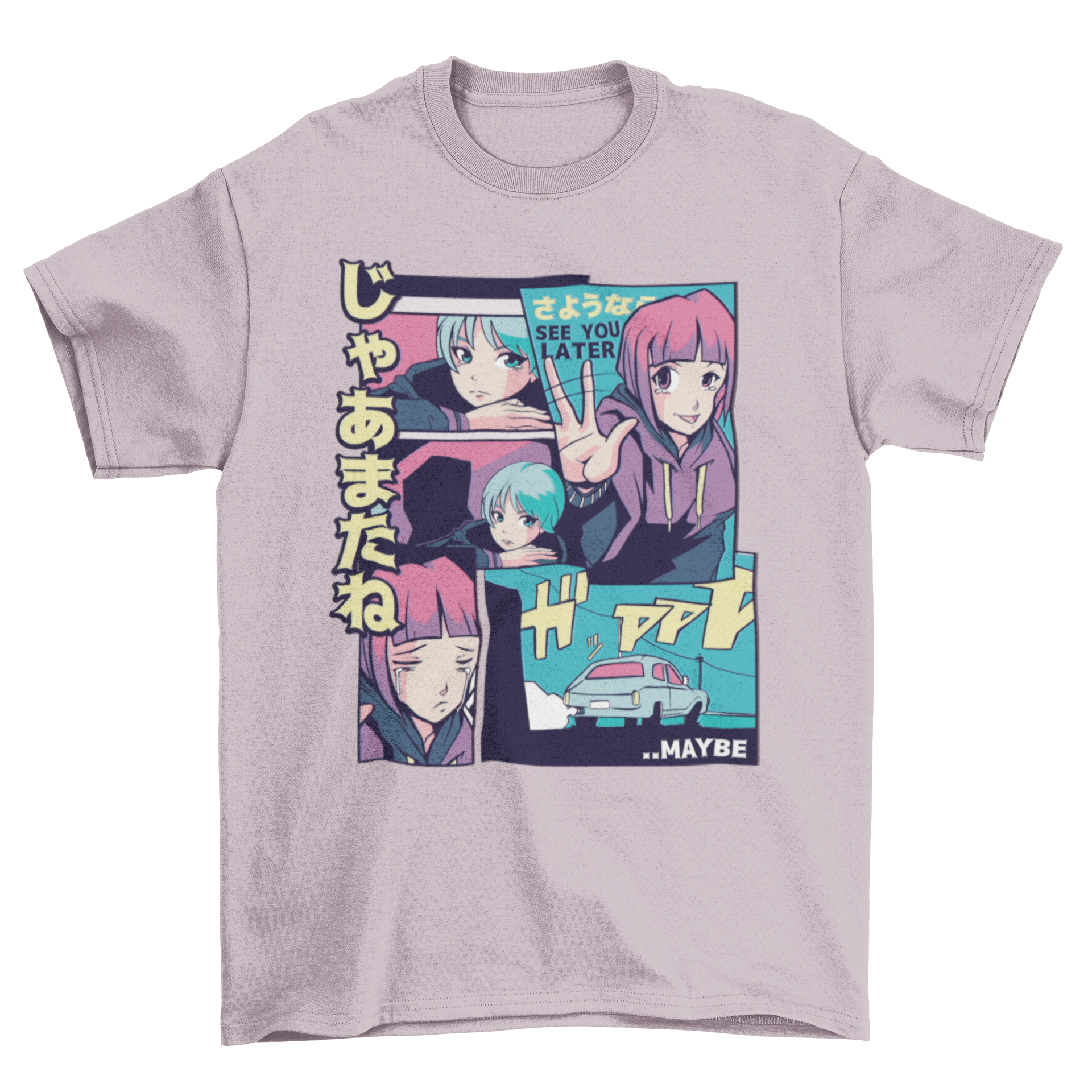 See You Anime T-shirt featuring two girls in vaporwave style with manga panels and the quote 'See you later'.