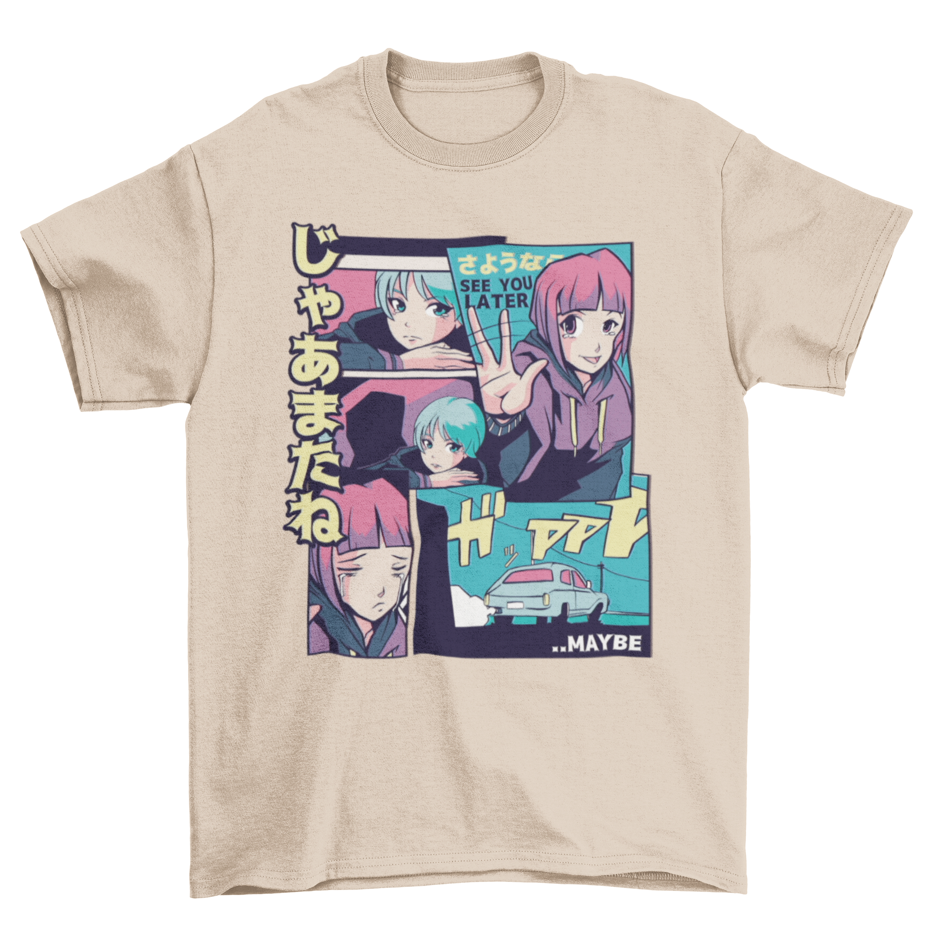 See You Anime T-shirt featuring two girls in vaporwave style with manga panels and the quote 'See you later'.