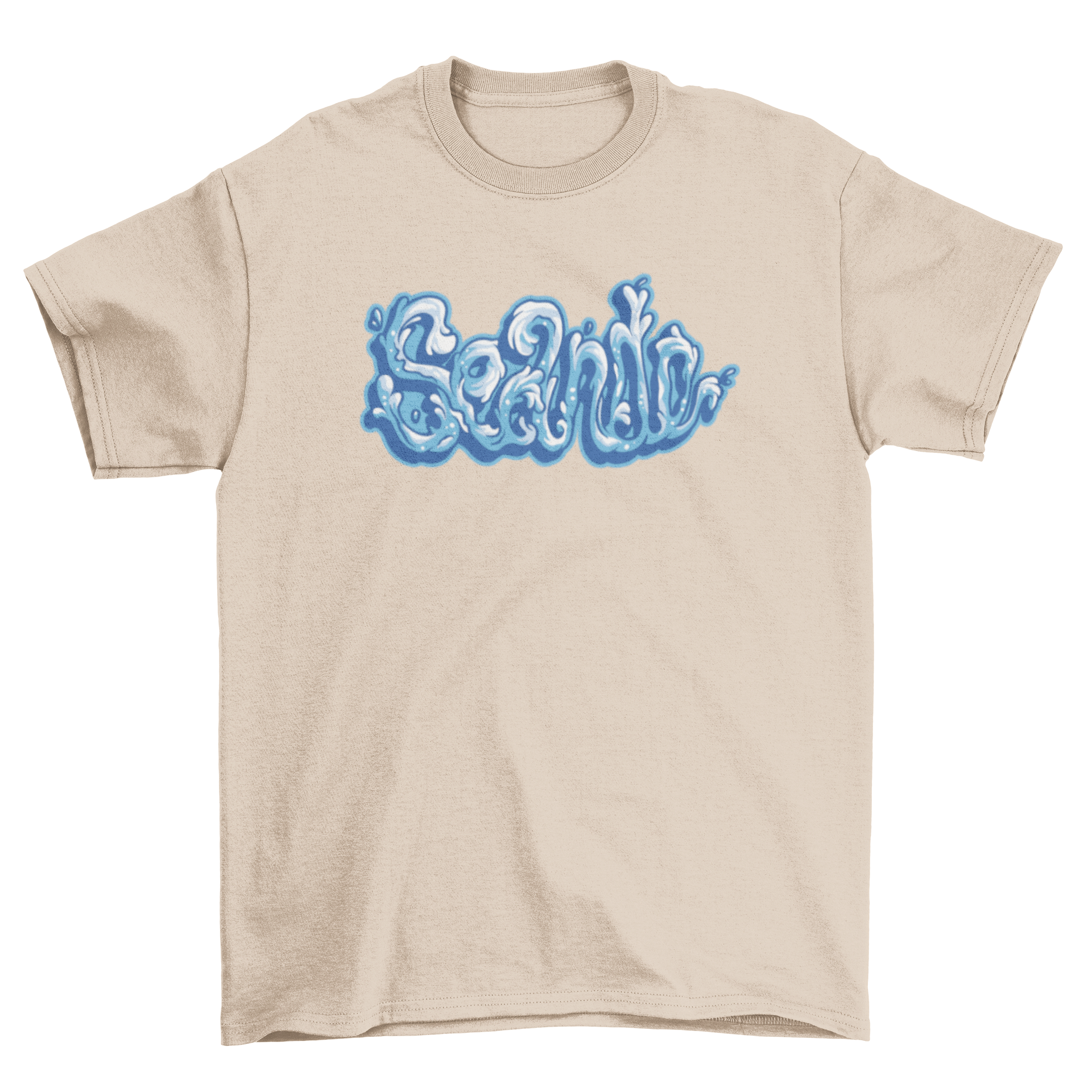 A stylish Sea Sand Water Lettering T-Shirt featuring a unique water lettering quote 'Seand' on a vibrant background.