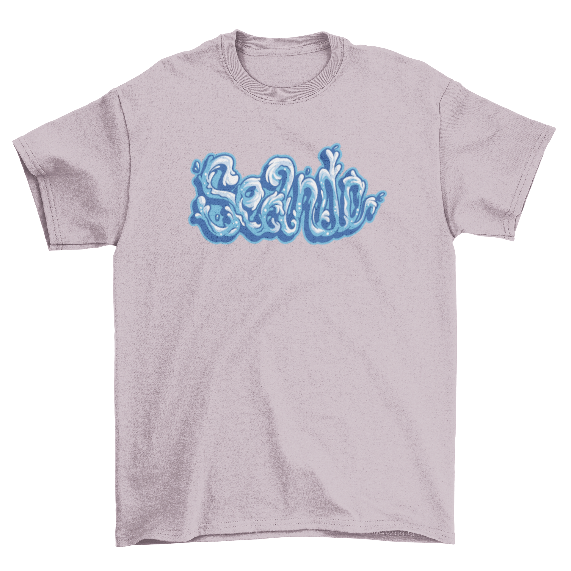 A stylish Sea Sand Water Lettering T-Shirt featuring a unique water lettering quote 'Seand' on a vibrant background.