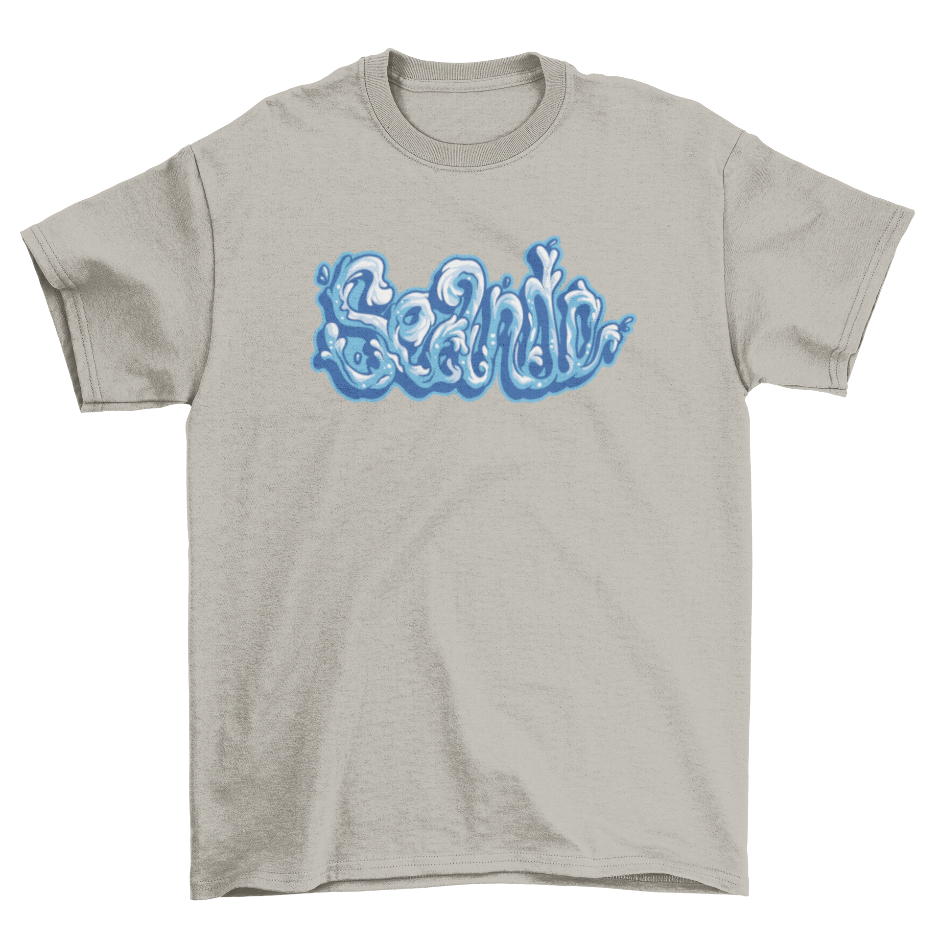 A stylish Sea Sand Water Lettering T-Shirt featuring a unique water lettering quote 'Seand' on a vibrant background.