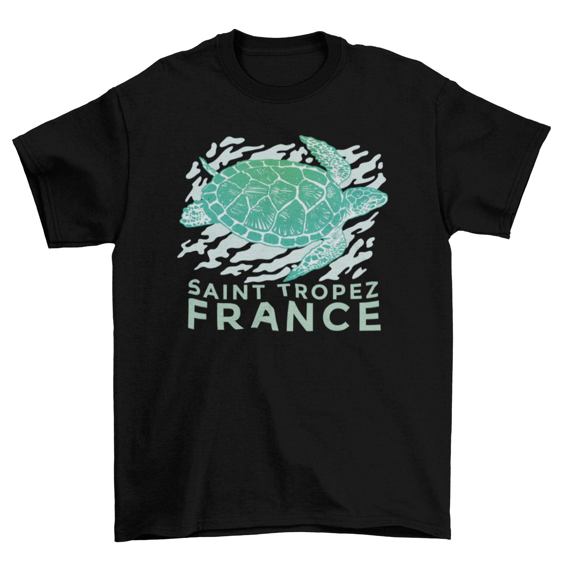 A stylish t-shirt featuring a swimming sea turtle design with the quote 'Saint Tropez, France'.