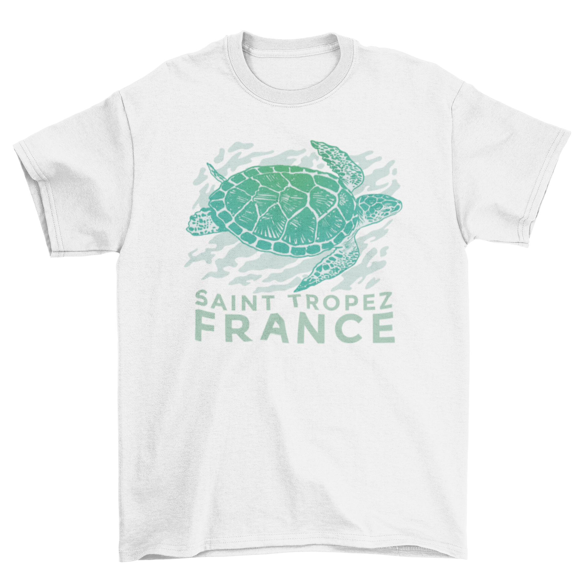 A stylish t-shirt featuring a swimming sea turtle design with the quote 'Saint Tropez, France'.