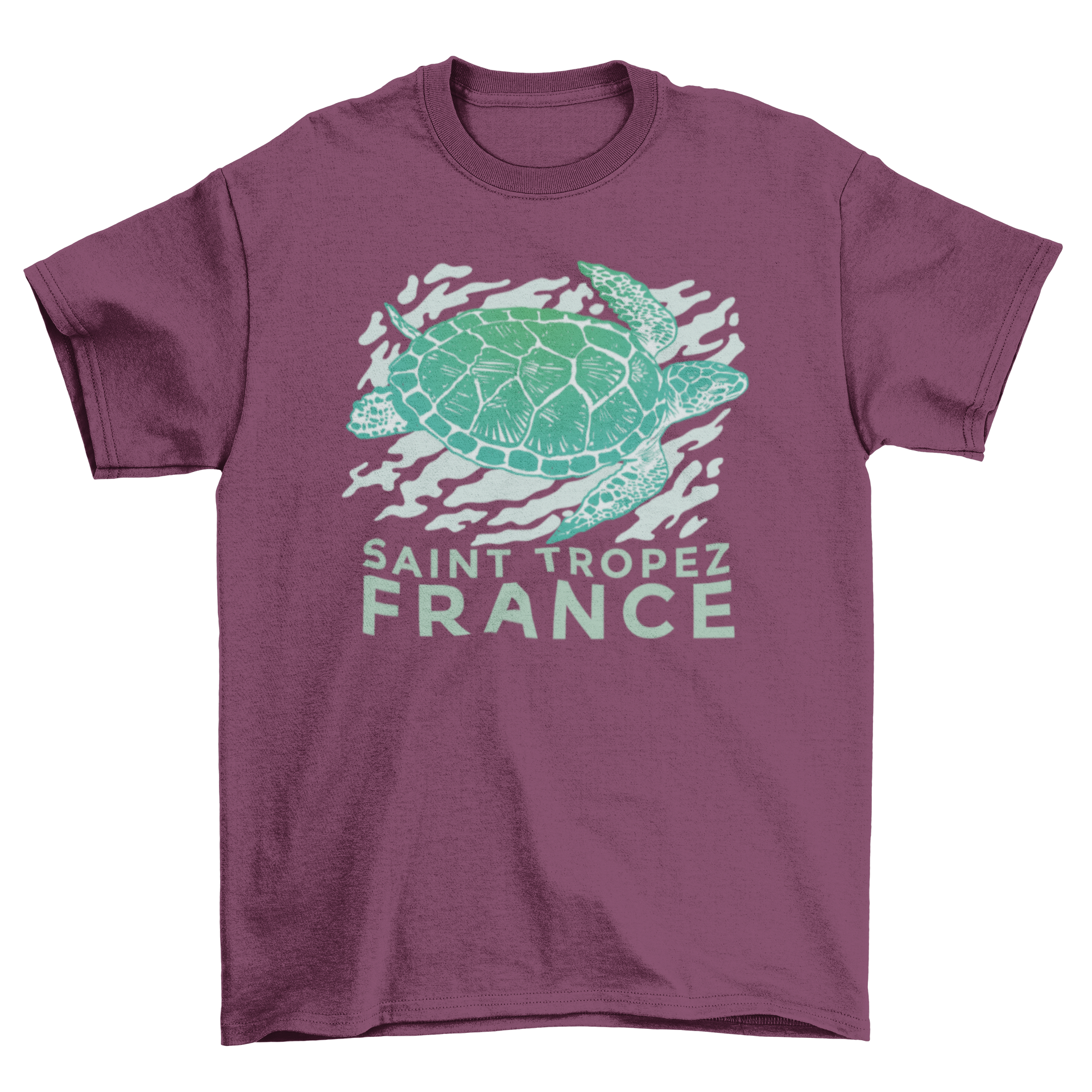 A stylish t-shirt featuring a swimming sea turtle design with the quote 'Saint Tropez, France'.