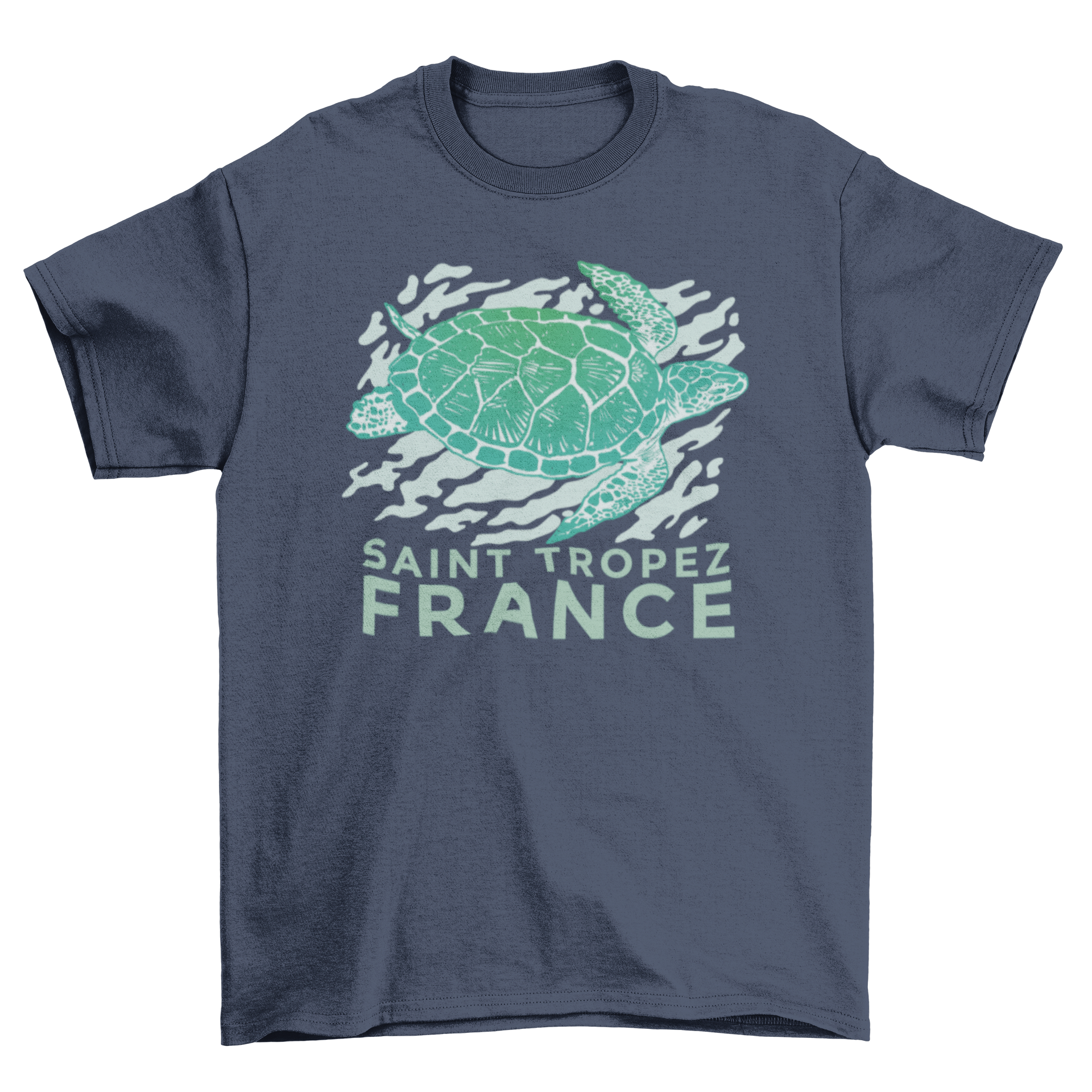 A stylish t-shirt featuring a swimming sea turtle design with the quote 'Saint Tropez, France'.