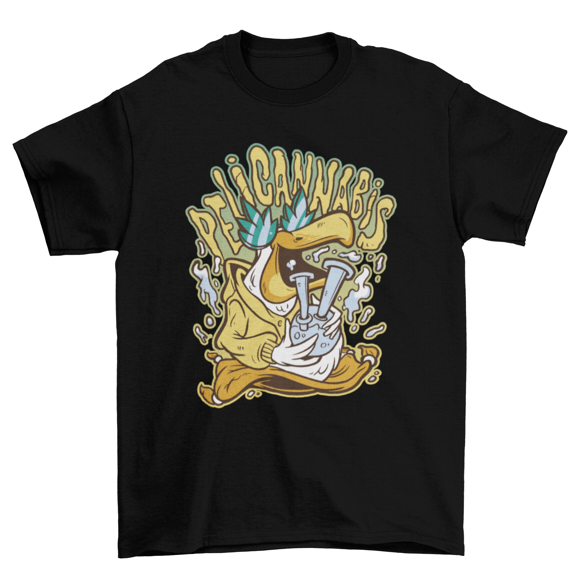 A colorful cartoon t-shirt featuring a seagull smoking weed on a flying carpet with the quote 'Pelicannabis'.