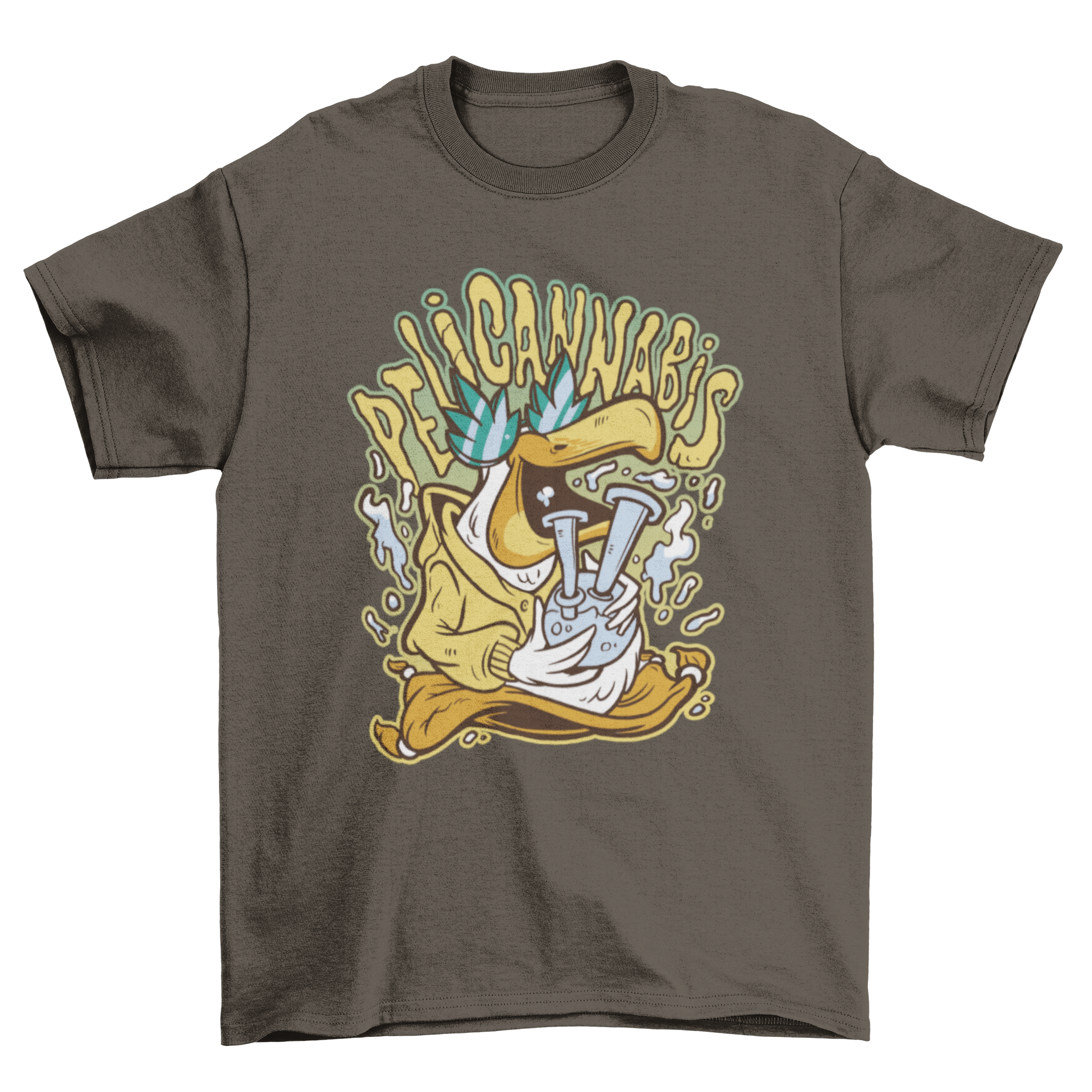 A colorful cartoon t-shirt featuring a seagull smoking weed on a flying carpet with the quote 'Pelicannabis'.