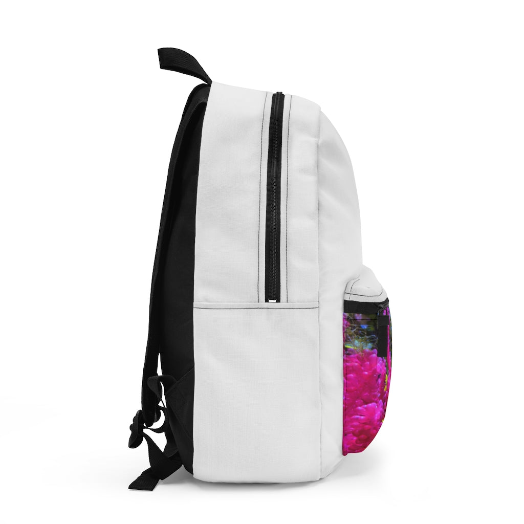 Seahorse Backpack made in USA, featuring durable spun polyester, adjustable straps, and a custom name tag.