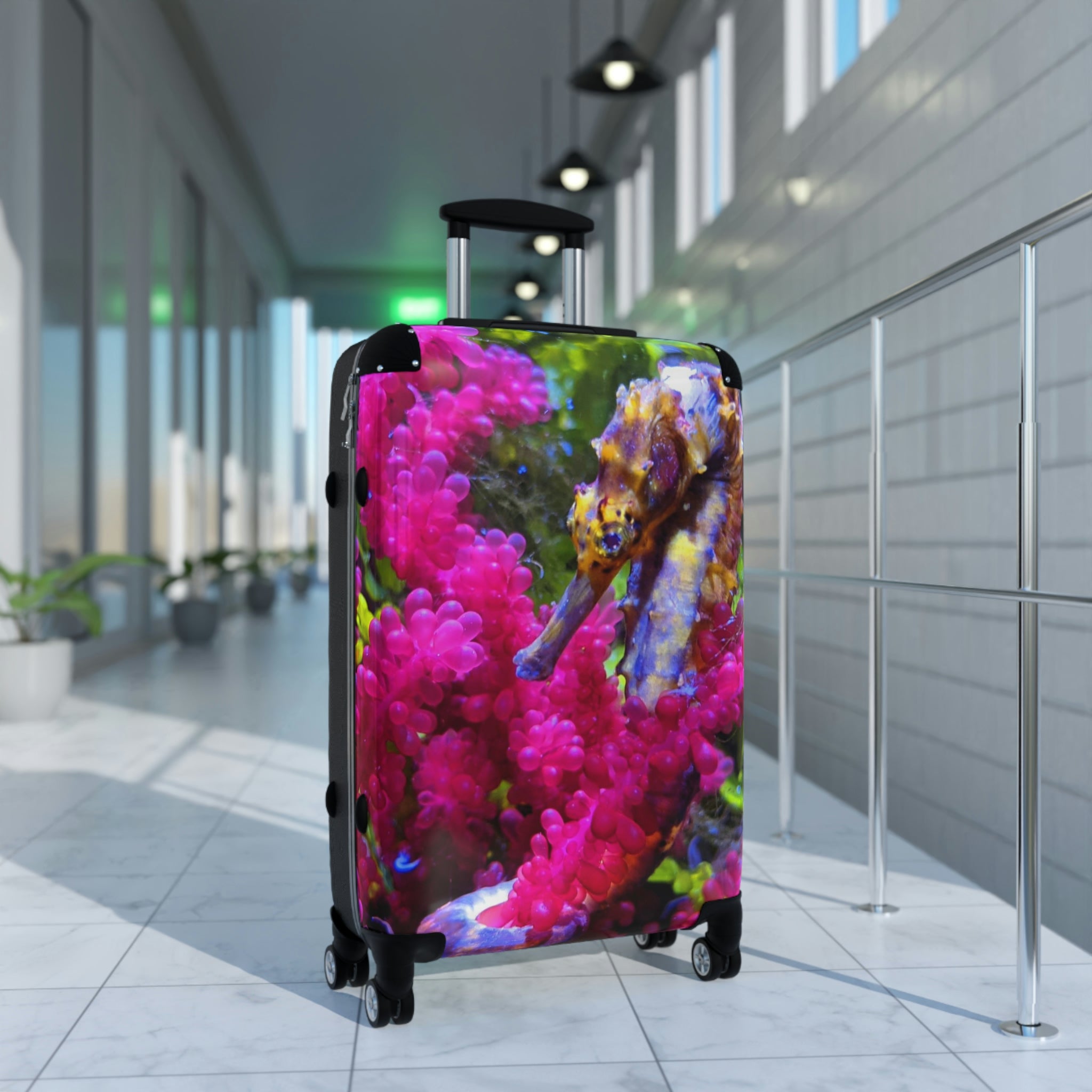 Seahorse Cabin Suitcase with personalized design, showcasing its polycarbonate front and ABS back, adjustable handle, and 360° swivel wheels.