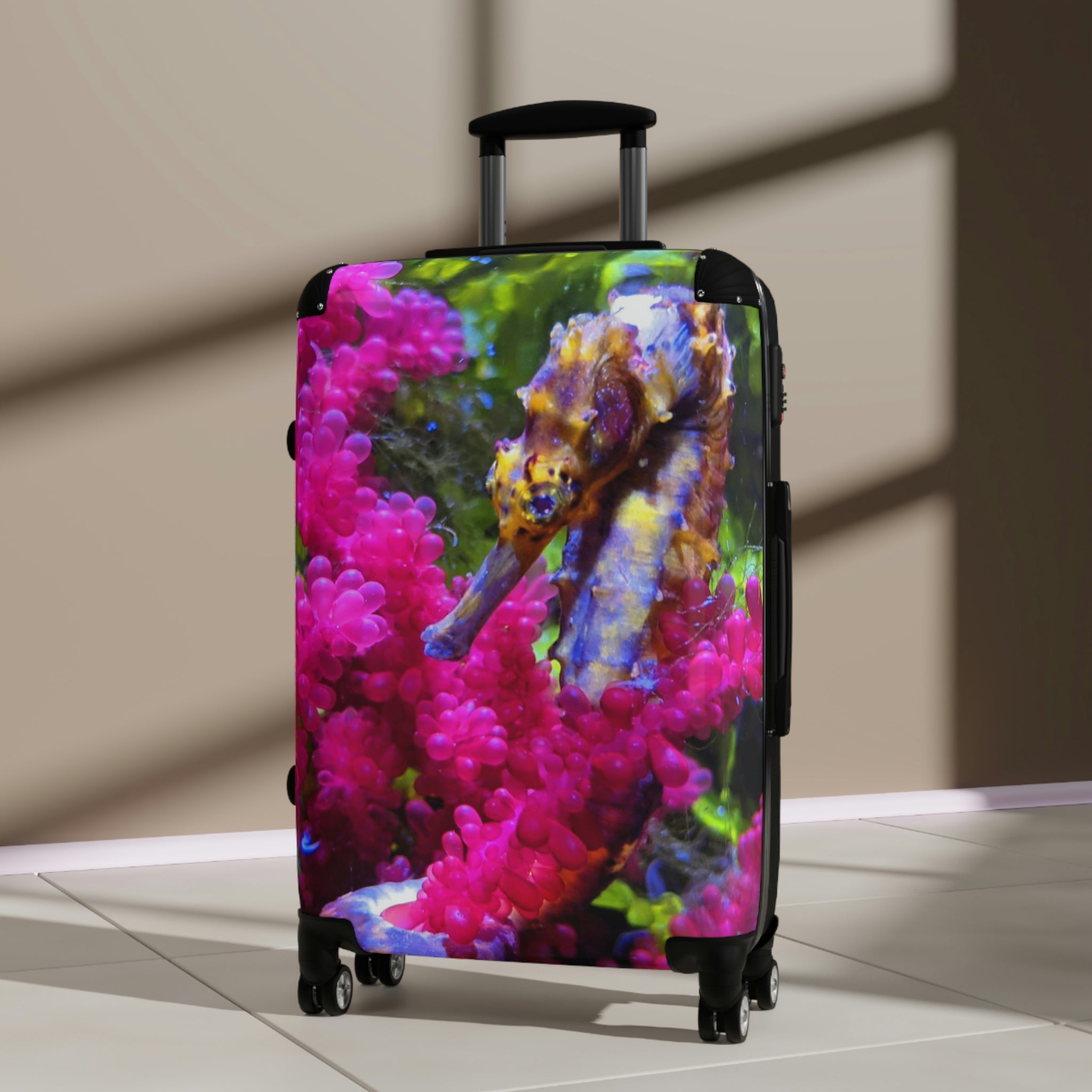 Seahorse Cabin Suitcase with personalized design, showcasing its polycarbonate front and ABS back, adjustable handle, and 360° swivel wheels.