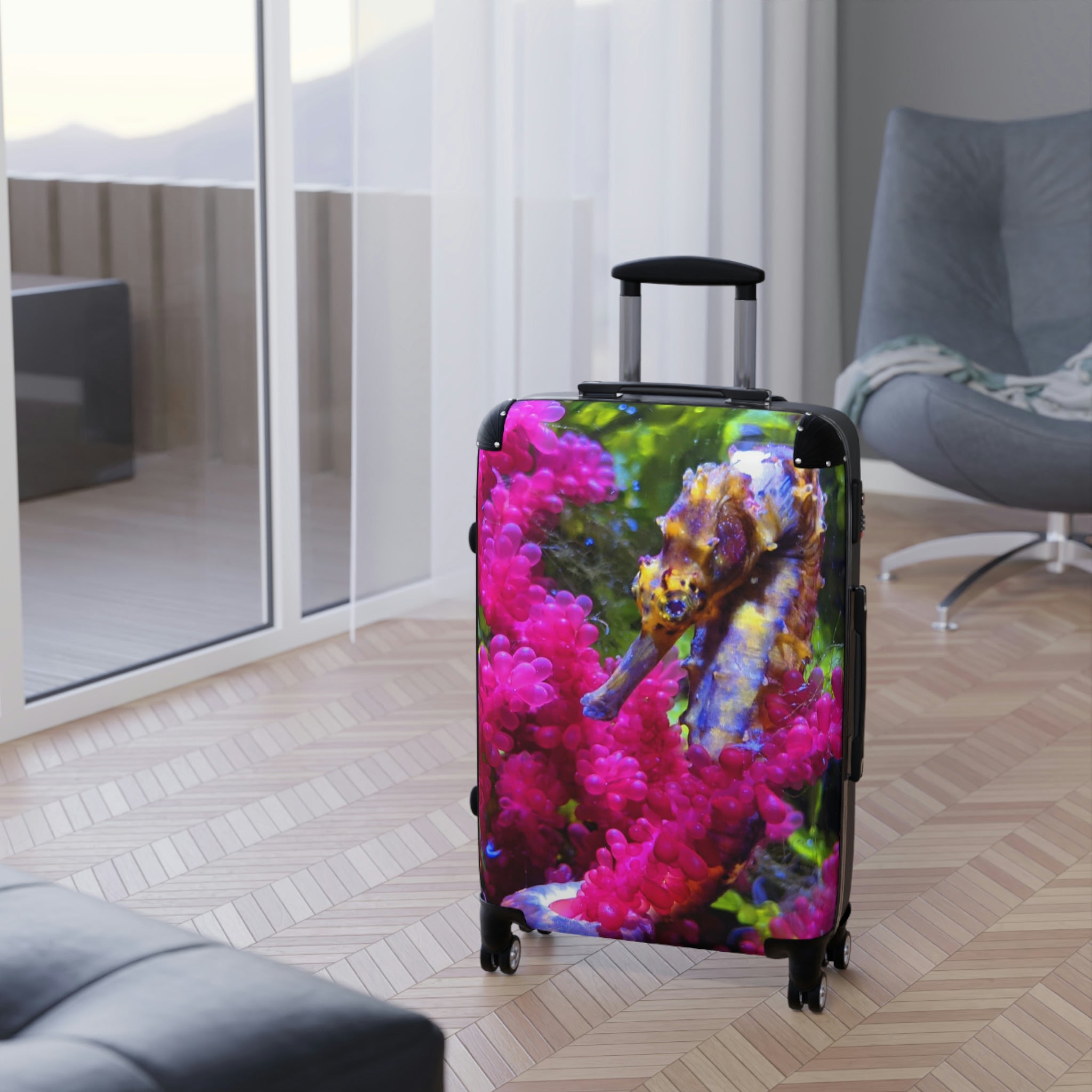 Seahorse Cabin Suitcase with personalized design, showcasing its polycarbonate front and ABS back, adjustable handle, and 360° swivel wheels.