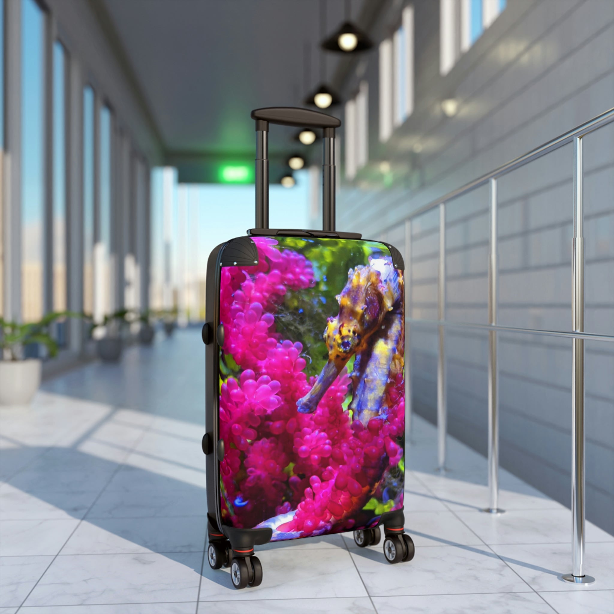 Seahorse Cabin Suitcase with personalized design, showcasing its polycarbonate front and ABS back, adjustable handle, and 360° swivel wheels.