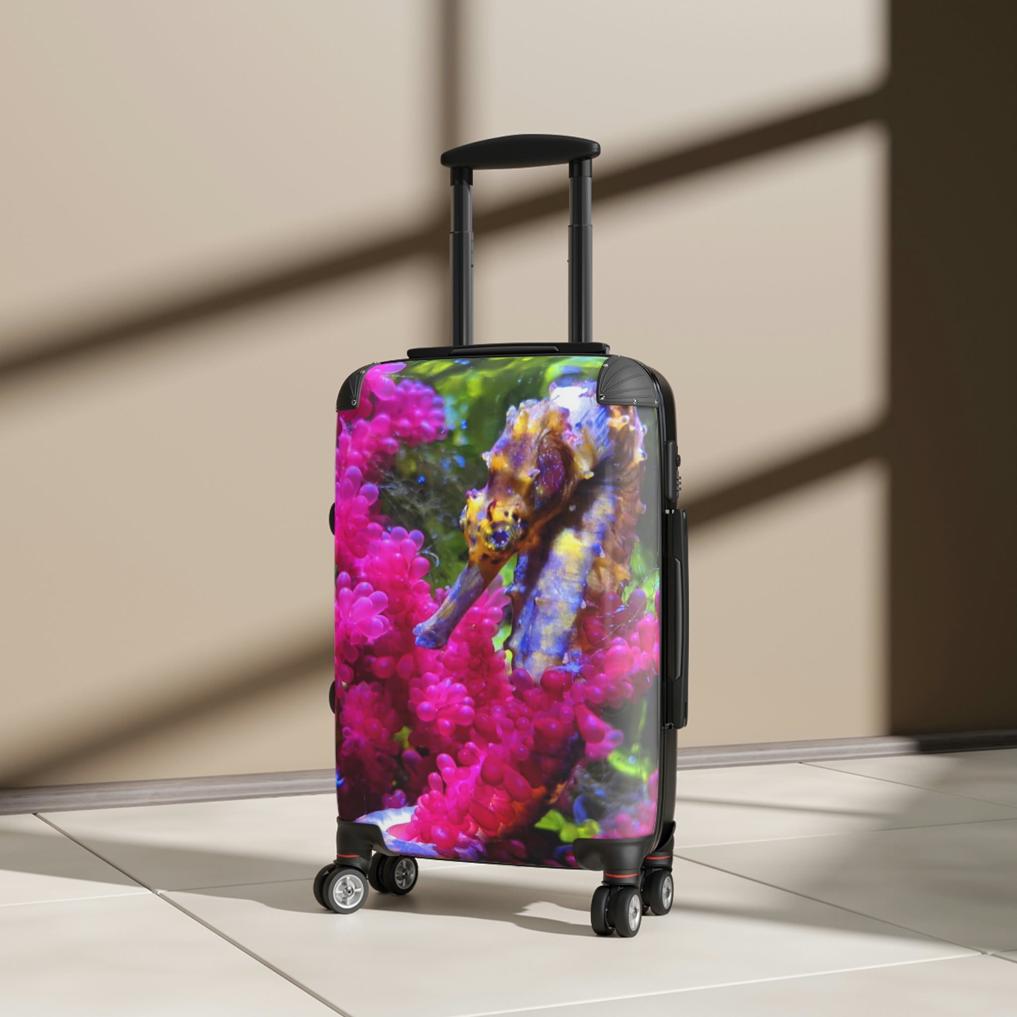 Seahorse Cabin Suitcase with personalized design, showcasing its polycarbonate front and ABS back, adjustable handle, and 360° swivel wheels.