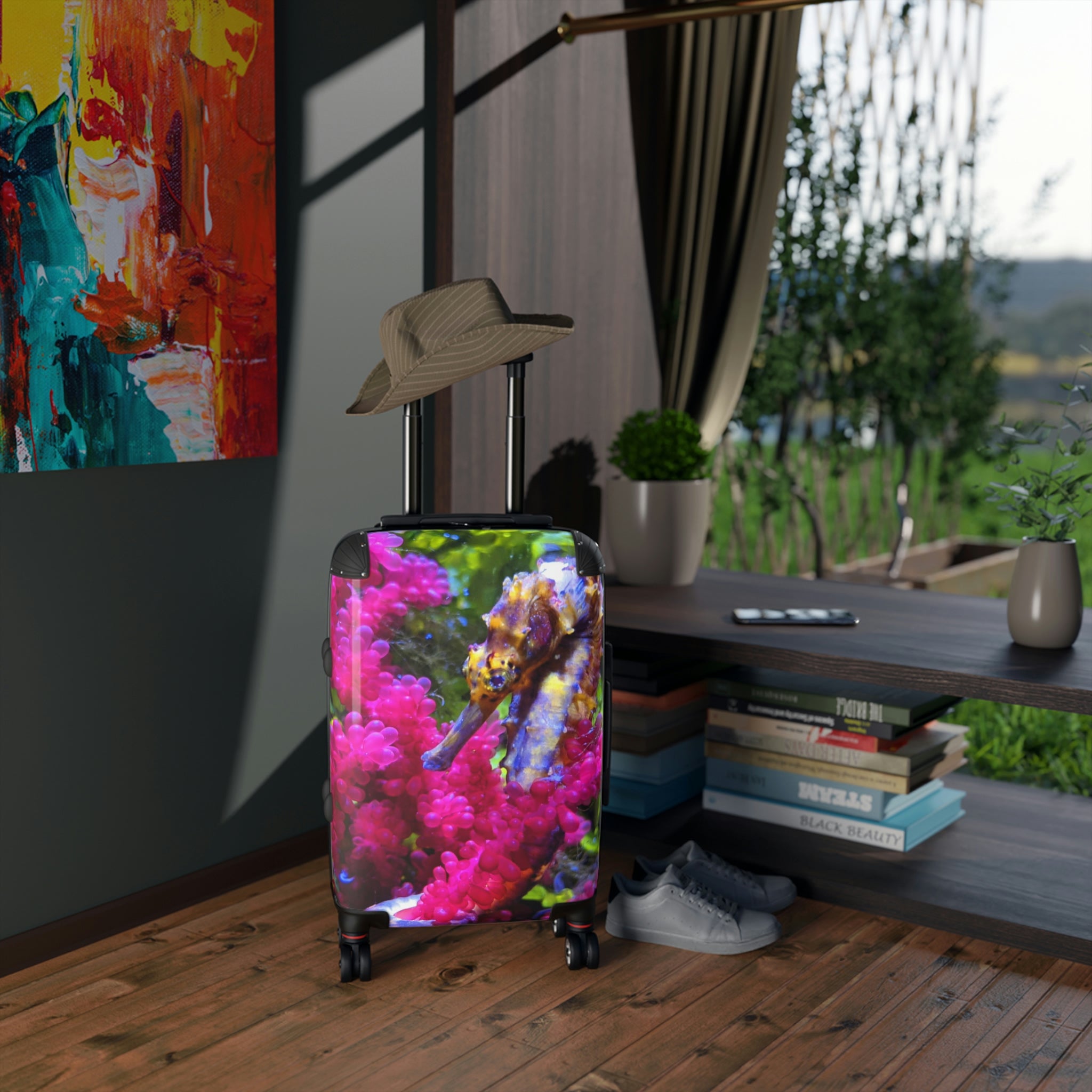 Seahorse Cabin Suitcase with personalized design, showcasing its polycarbonate front and ABS back, adjustable handle, and 360° swivel wheels.