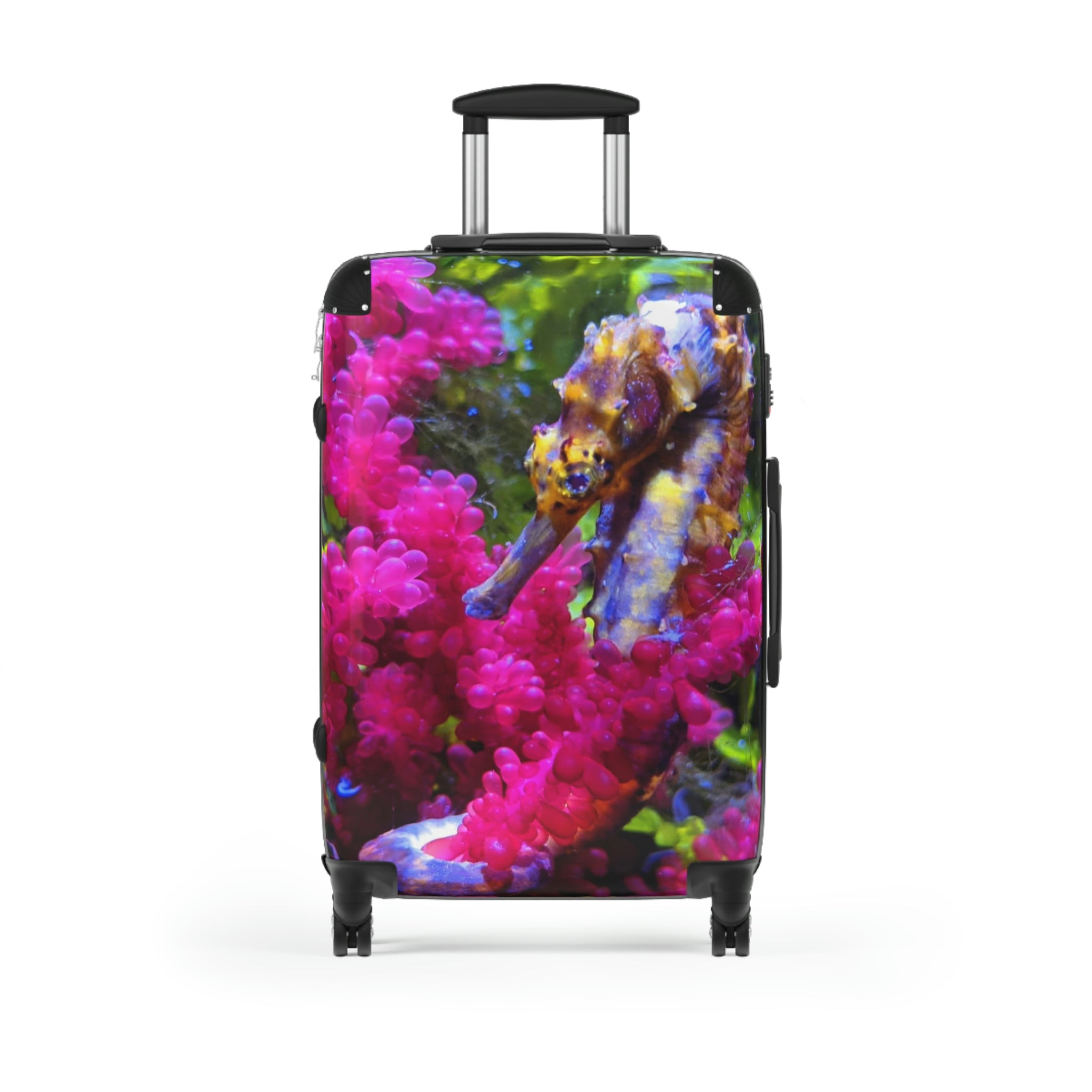 Seahorse Cabin Suitcase with personalized design, showcasing its polycarbonate front and ABS back, adjustable handle, and 360° swivel wheels.