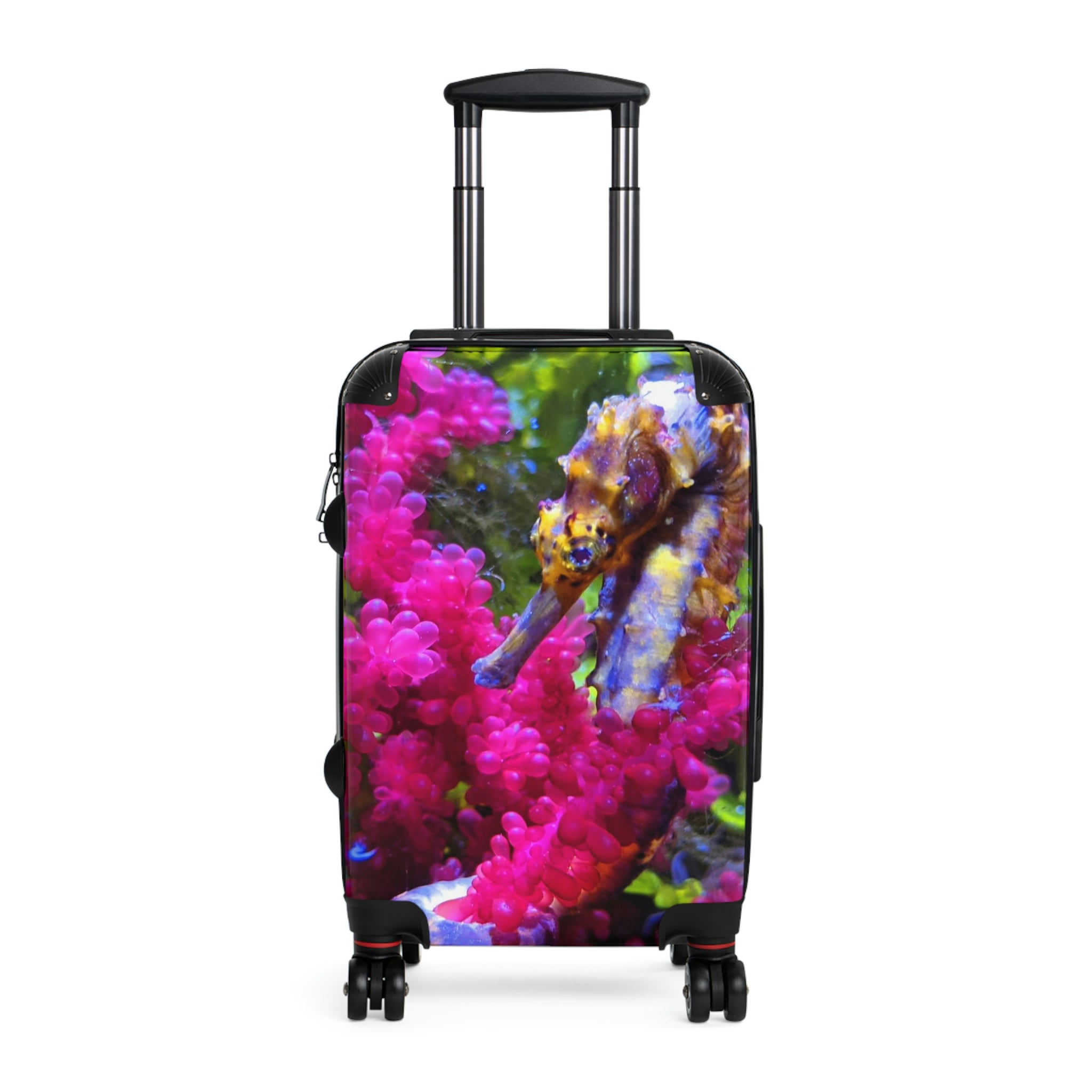 Seahorse Cabin Suitcase with personalized design, showcasing its polycarbonate front and ABS back, adjustable handle, and 360° swivel wheels.